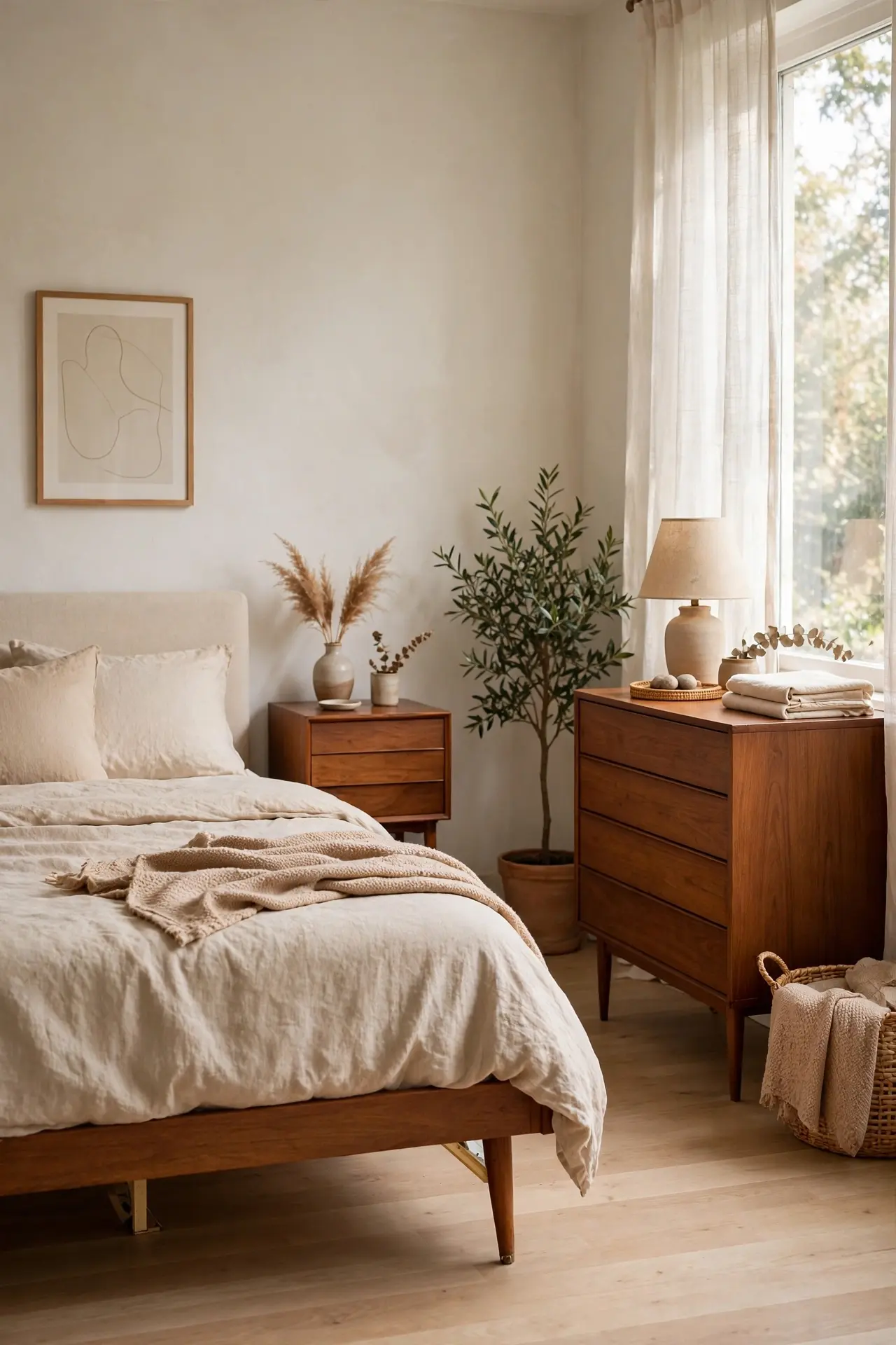 Nightstand with exposed legs in a small bedroom
