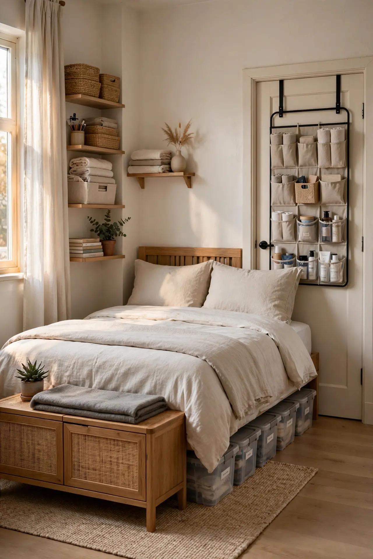 Storage boxes and organizers for tiny bedroom organization