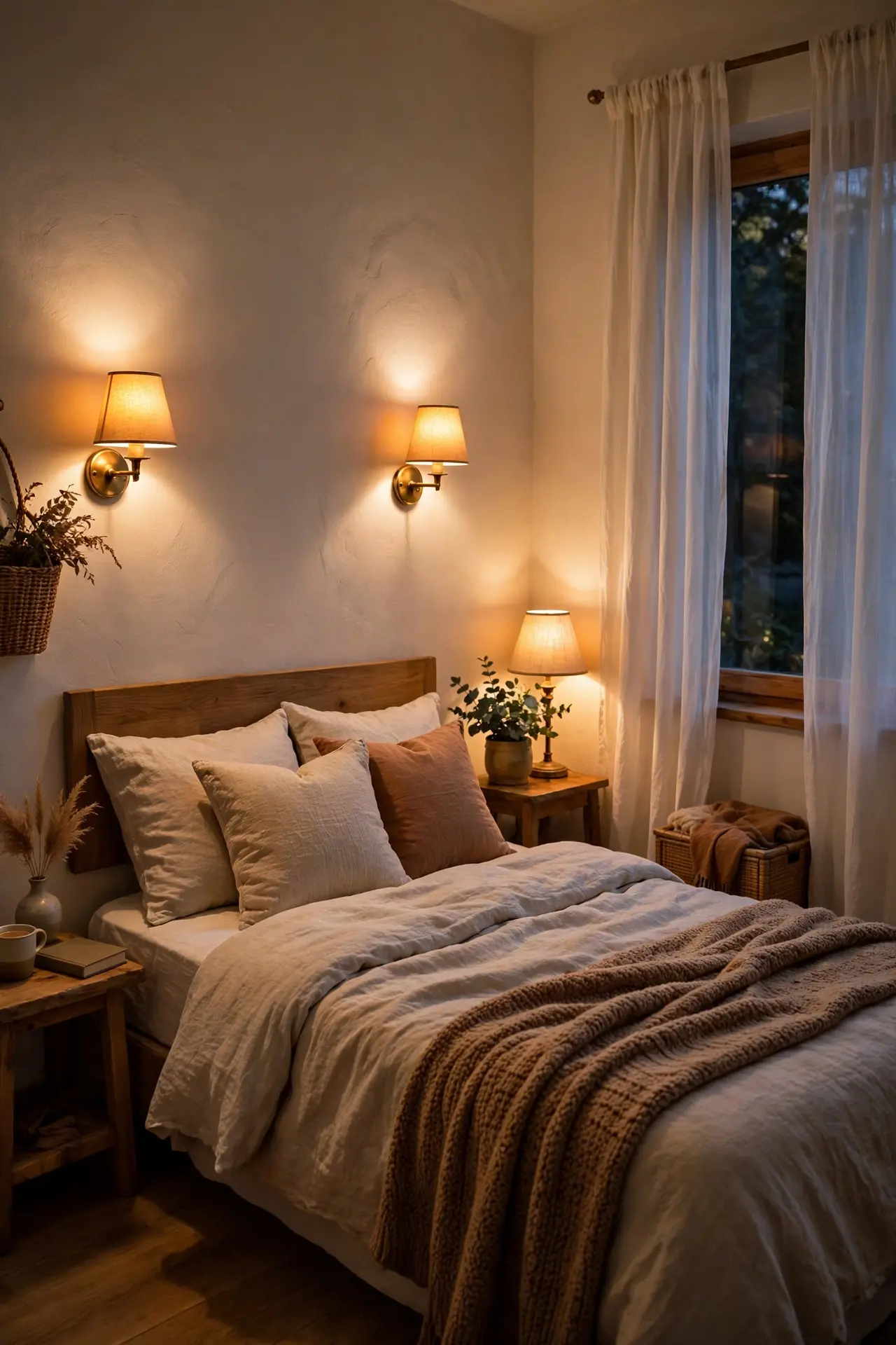 Layered bedroom lighting with wall sconces and a warm table lamp