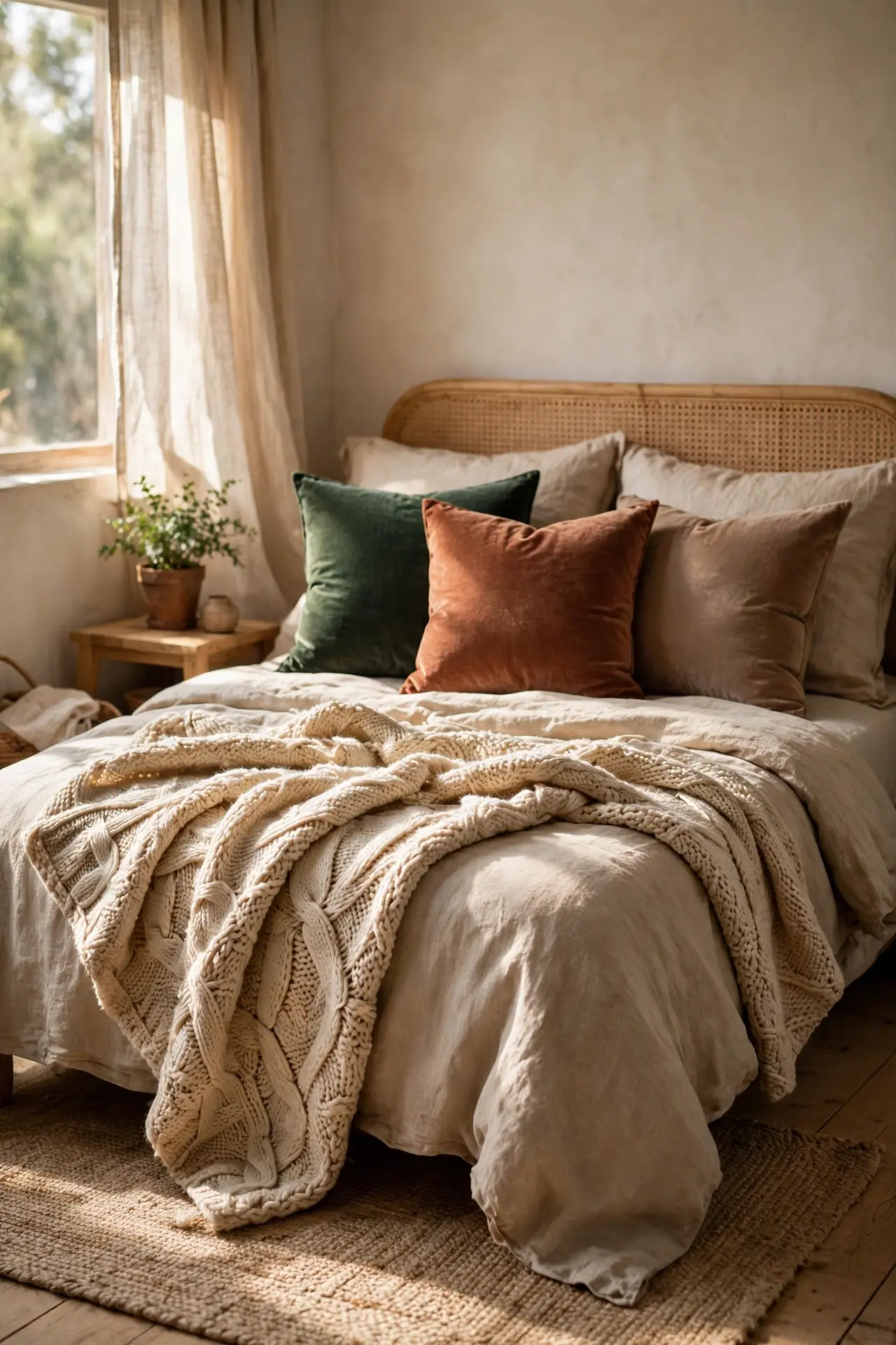 Cozy small bedroom with layered knit throw, linen bedding and cushions