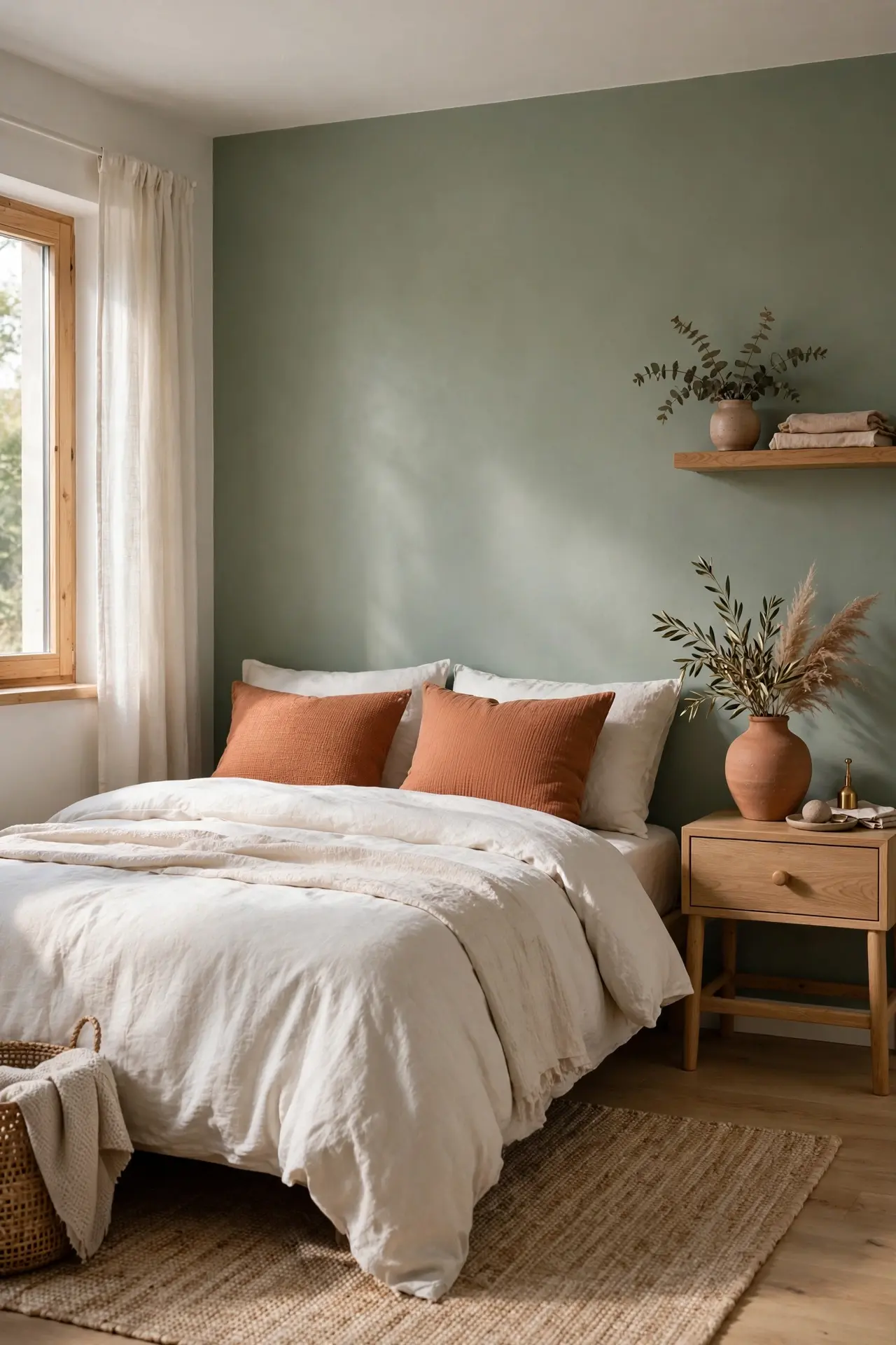 Small bedroom in sage green and warm neutrals, 2026 trending palette