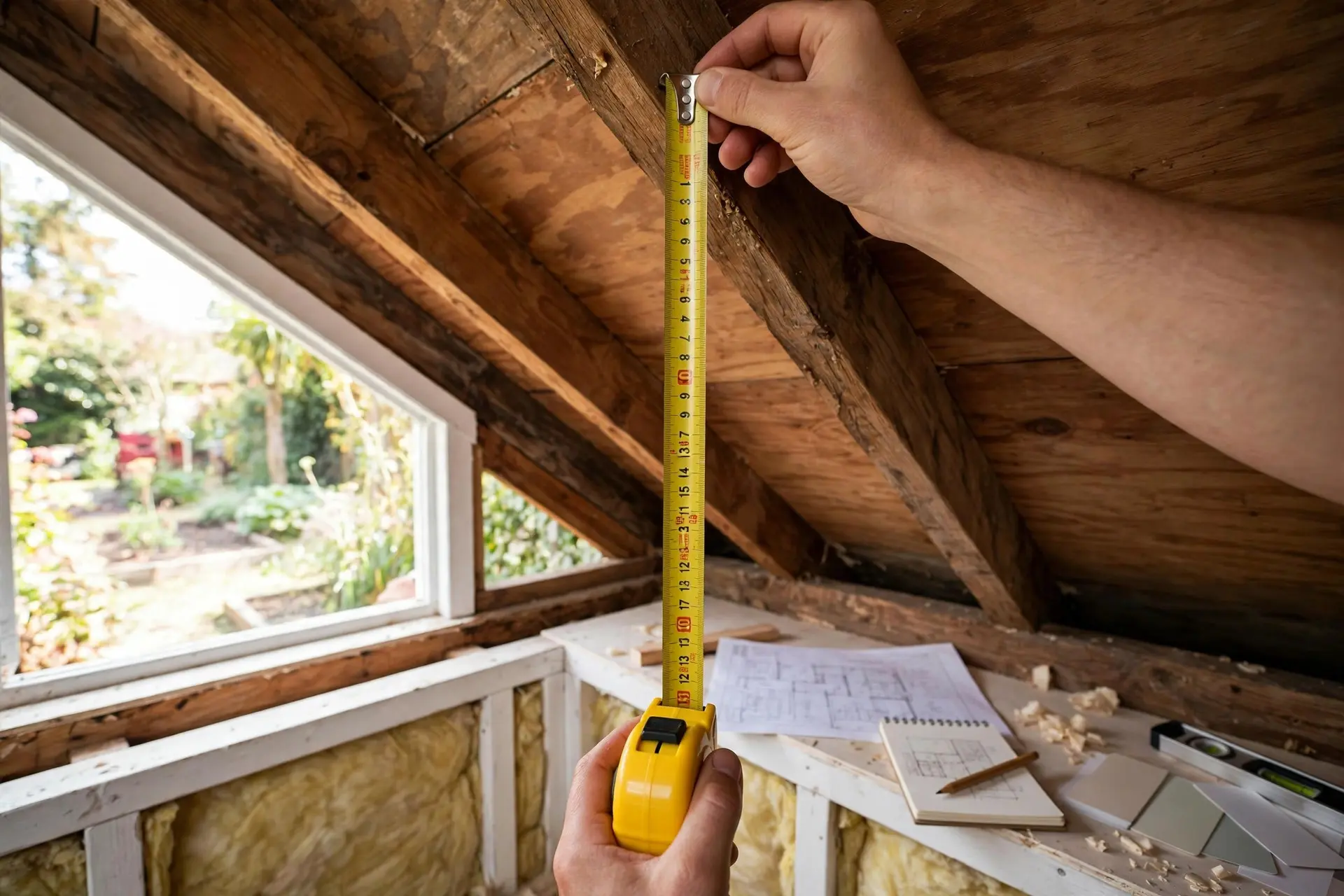 Attic Bedroom Ideas That Work With a Sloped Ceiling, Not Against It 1 Tape measure against a sloped attic ceiling to find the ceiling heights that shape attic bedroom ideas
