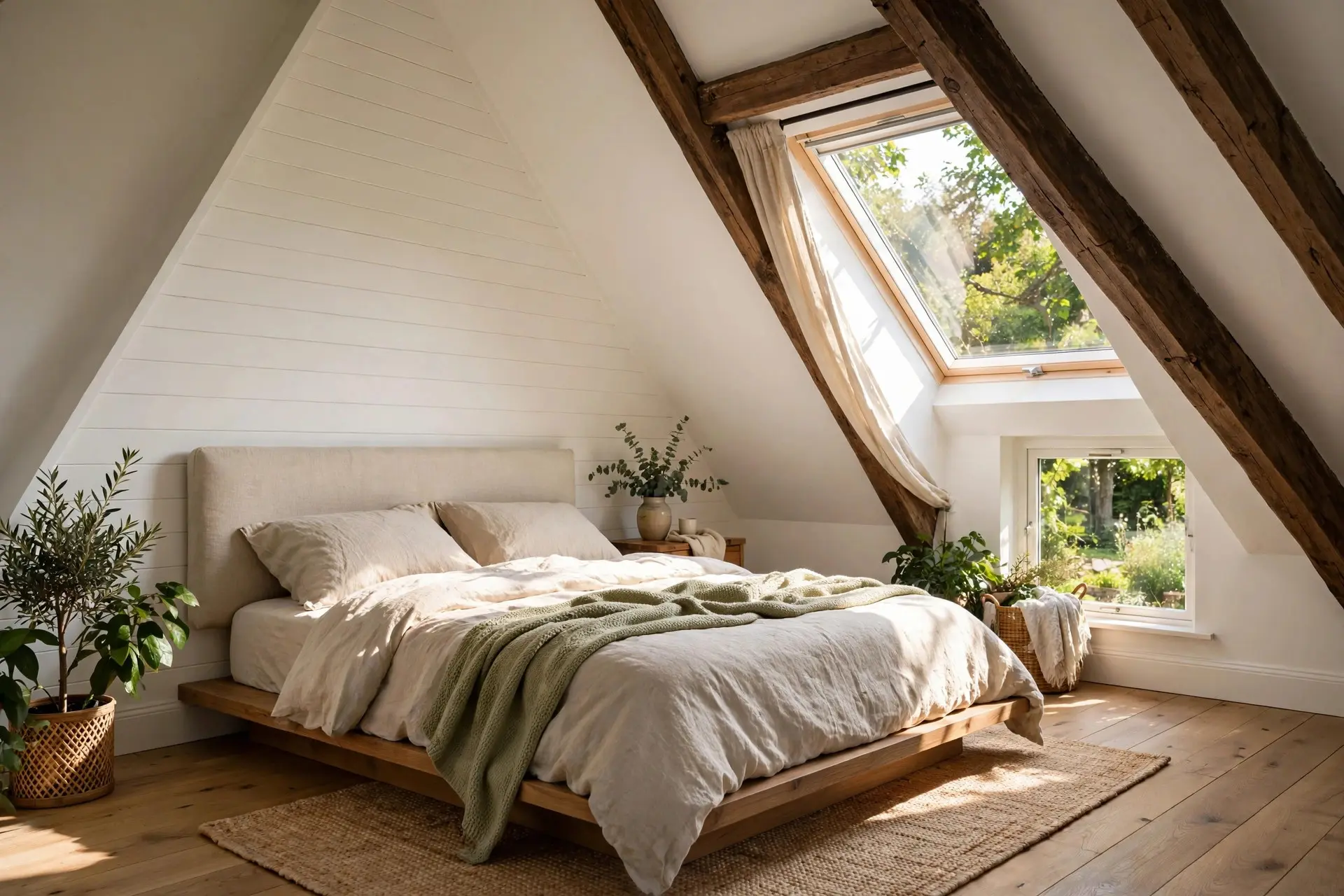 Attic Bedroom Ideas That Work With a Sloped Ceiling, Not Against It 2 Low platform bed with headboard against the gable wall, the smartest bed placement in attic bedroom ideas