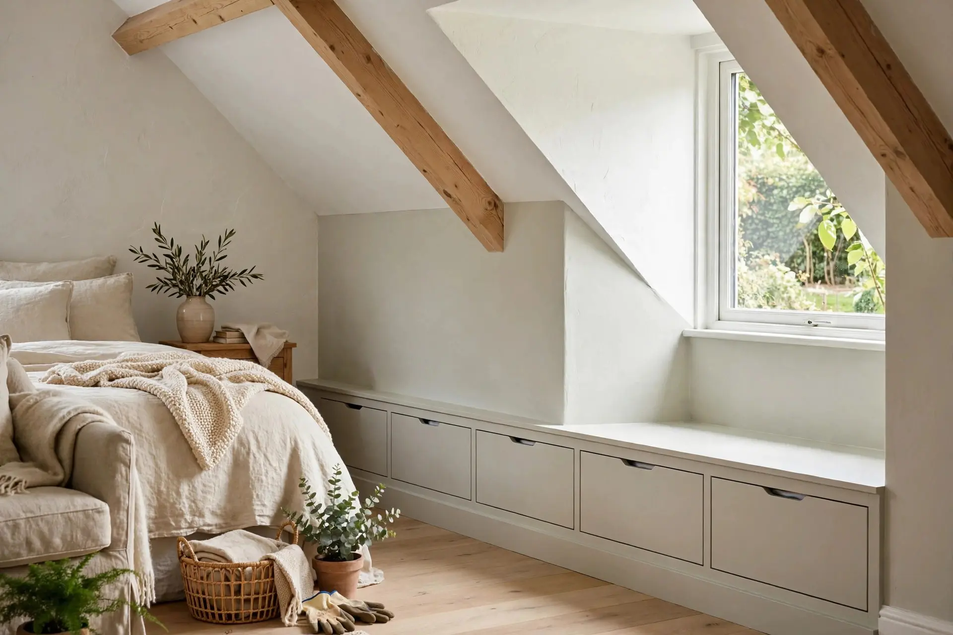 Attic Bedroom Ideas That Work With a Sloped Ceiling, Not Against It 3 Knee wall drawers built into the sloped low wall and painted to match, hidden storage for an attic bedroom