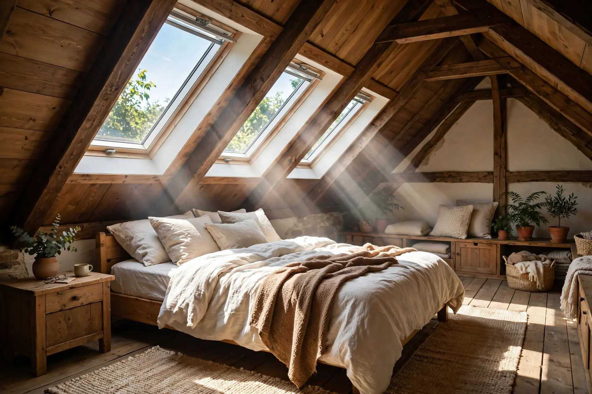 Attic Bedroom Ideas That Work With a Sloped Ceiling, Not Against It 4 Skylights in a sloped attic ceiling pouring daylight across the bedroom, the best attic bedroom lighting upgrade