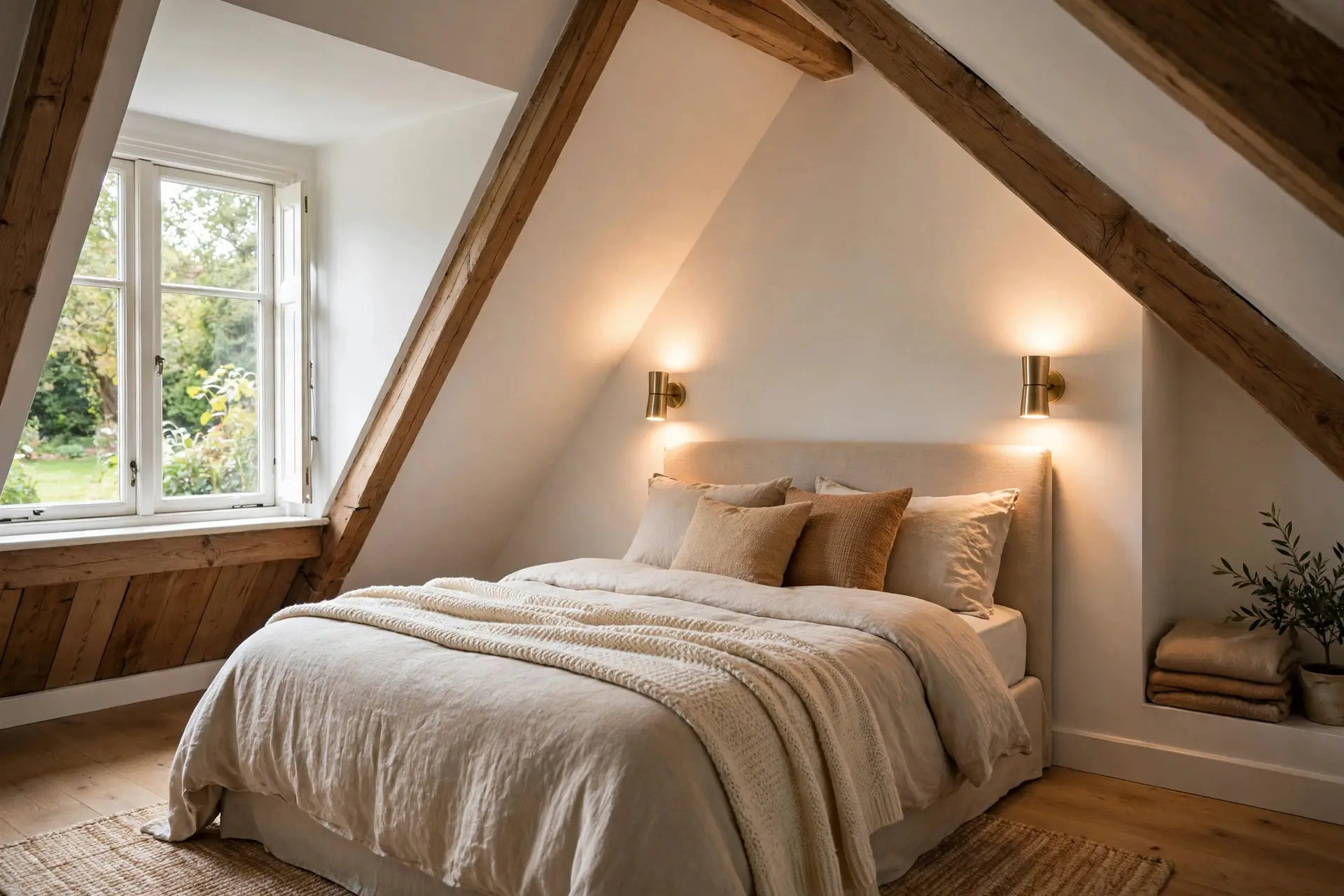 Attic Bedroom Ideas That Work With a Sloped Ceiling, Not Against It 5 Wall sconces beside the bed under the slope washing light up the attic ceiling