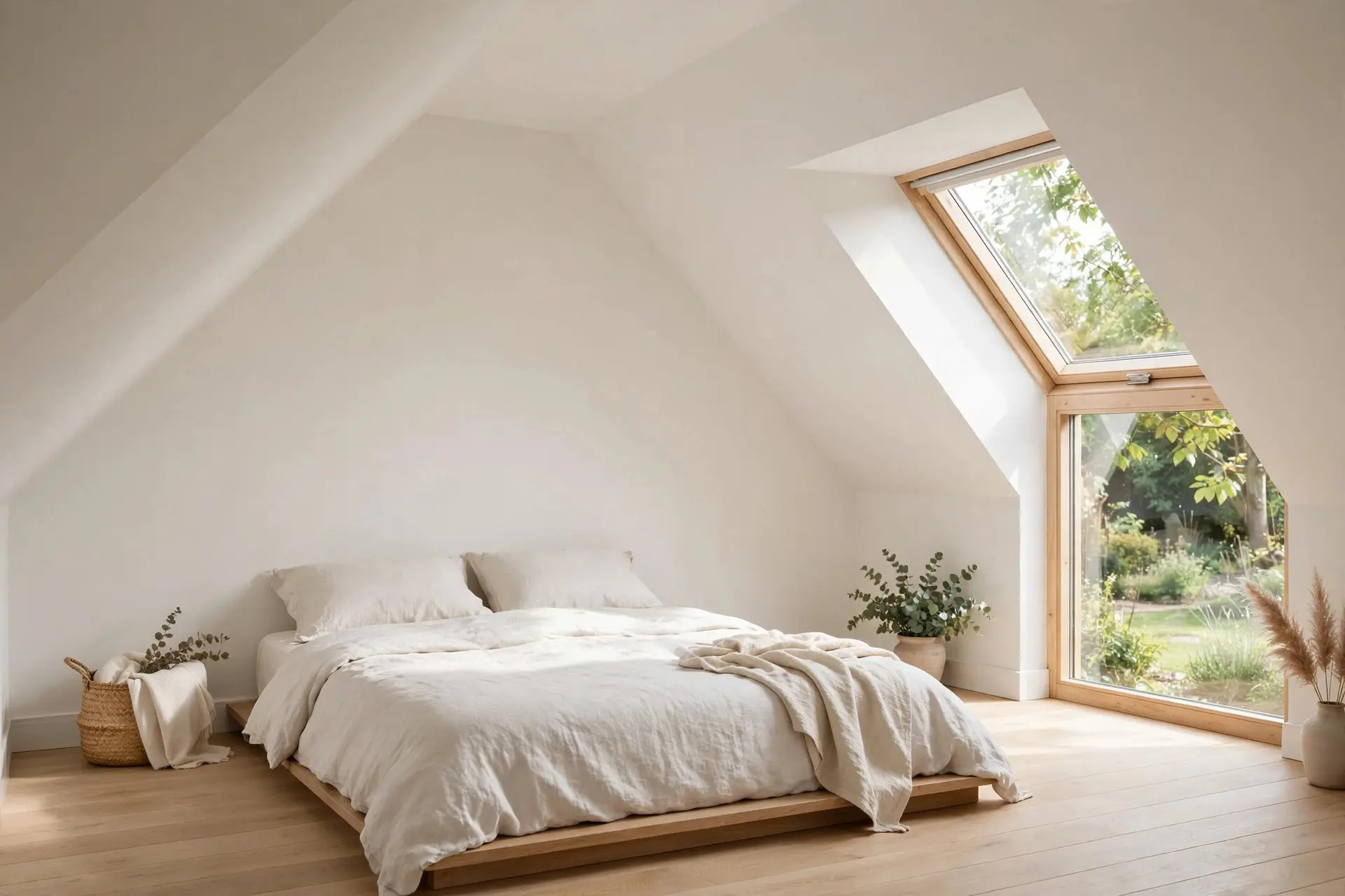 Attic Bedroom Ideas That Work With a Sloped Ceiling, Not Against It 7 Attic bedroom with slope and walls painted the same soft white, an attic bedroom color trick that feels bigger
