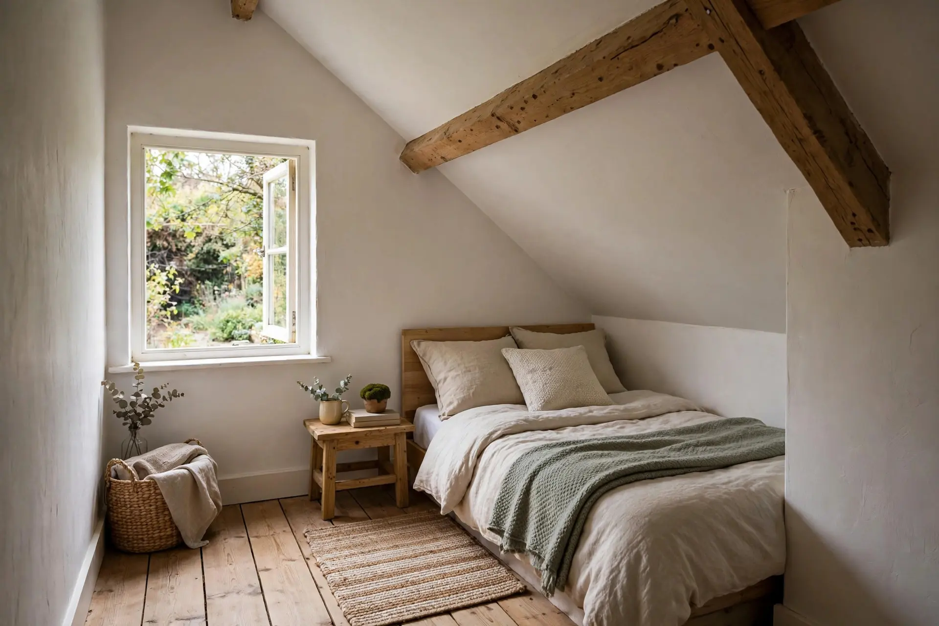 Attic Bedroom Ideas That Work With a Sloped Ceiling, Not Against It 8 Small attic guest bedroom with the bed tucked lengthways along the knee wall, a small-space attic bedroom move