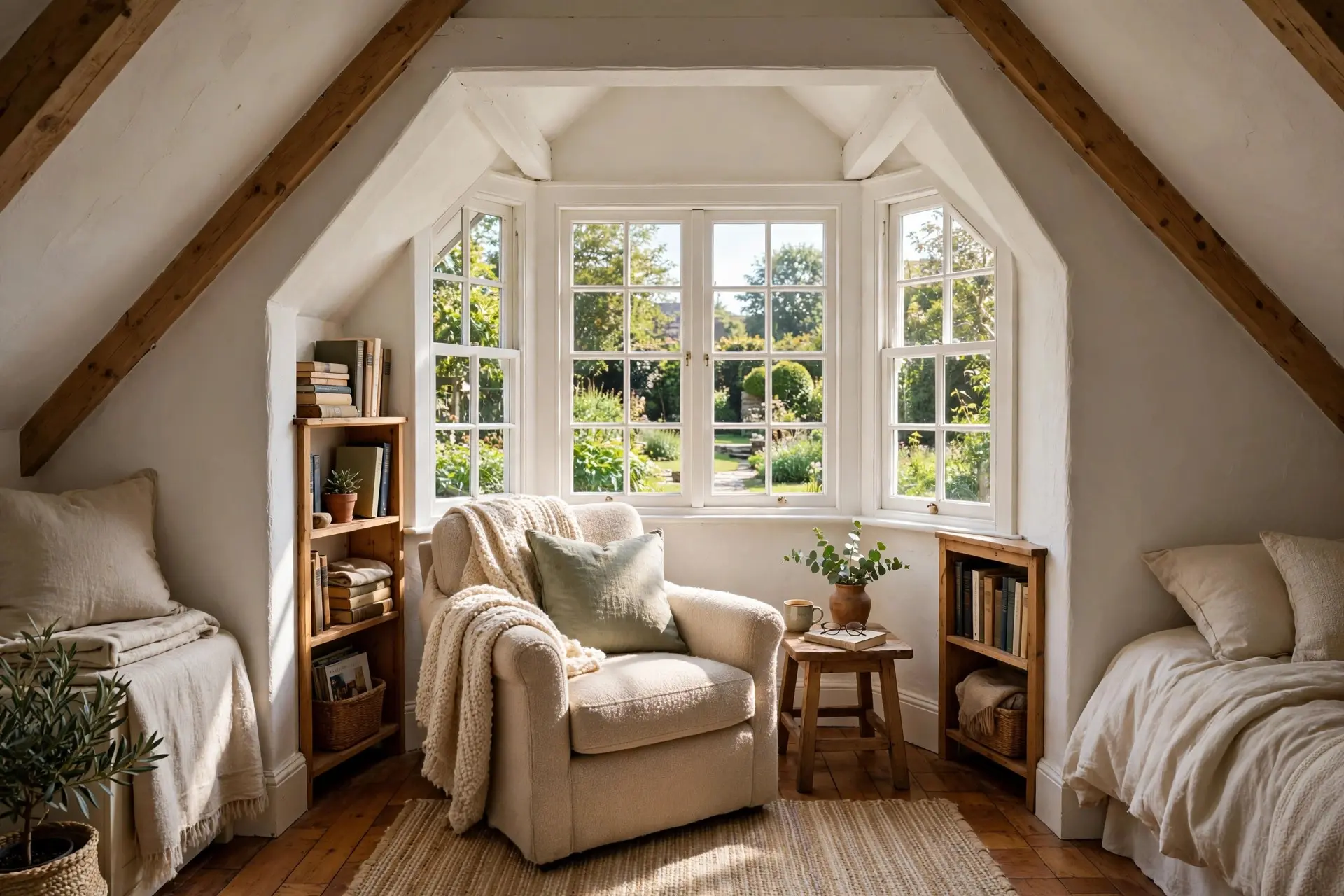 Attic Bedroom Ideas That Work With a Sloped Ceiling, Not Against It 6 Reading chair and bookshelf in a dormer window nook, adding light and full height to an attic bedroom