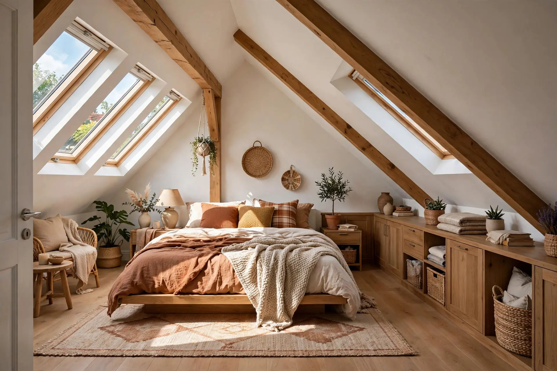 Attic Bedroom Ideas That Work With a Sloped Ceiling, Not Against It 9 Wide view of a finished styled attic bedroom with low bed, knee wall storage and skylights