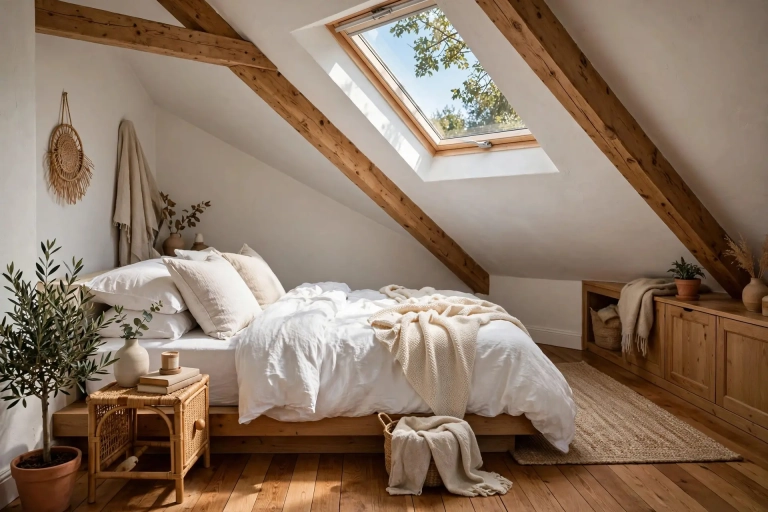 Cozy attic bedroom with a sloped ceiling, low platform bed and skylight, charming attic bedroom ideas