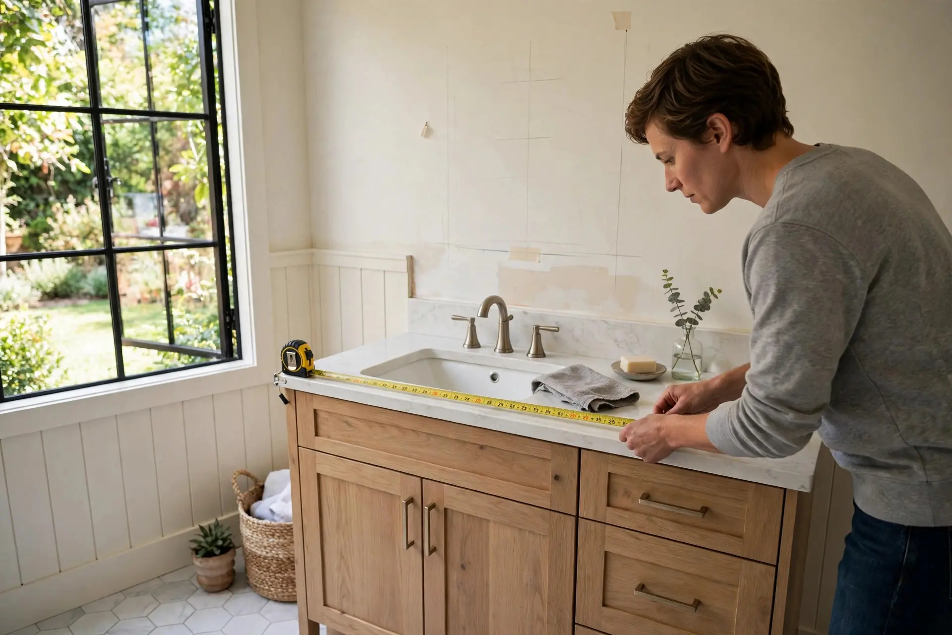 Bathroom Mirror Size: How to Get It Right Over Any Vanity 8 Measuring bathroom vanity width with a tape measure to pick the right bathroom mirror size