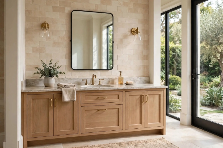 Elegant bathroom with a rectangular mirror correctly sized over the vanity, showing ideal bathroom mirror size