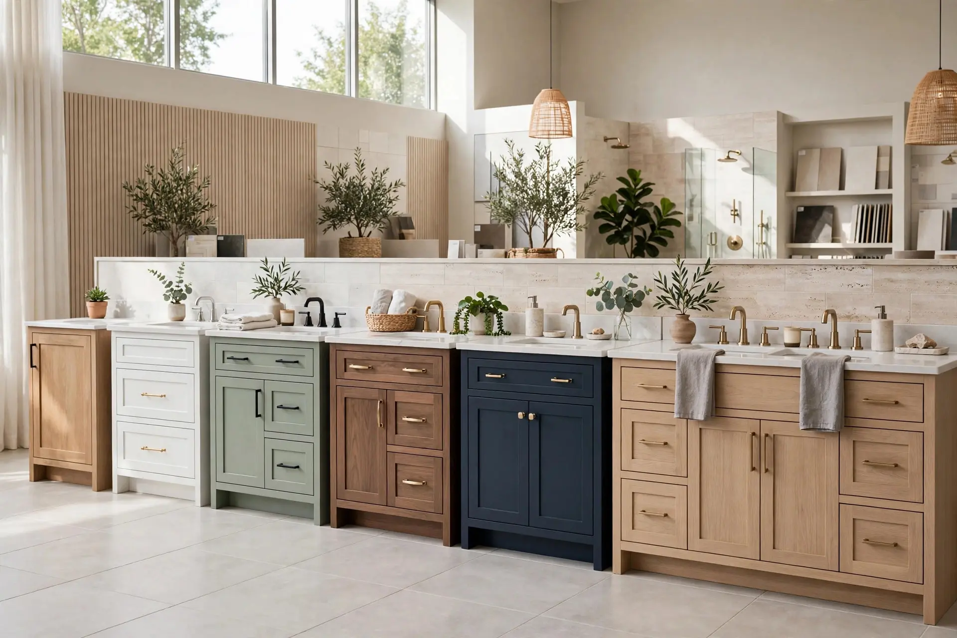 Bathroom Vanity Sizes: How to Pick One That Actually Fits 1 Showroom row of bathroom vanity sizes from compact 24-inch to wide double vanities lined up side by side