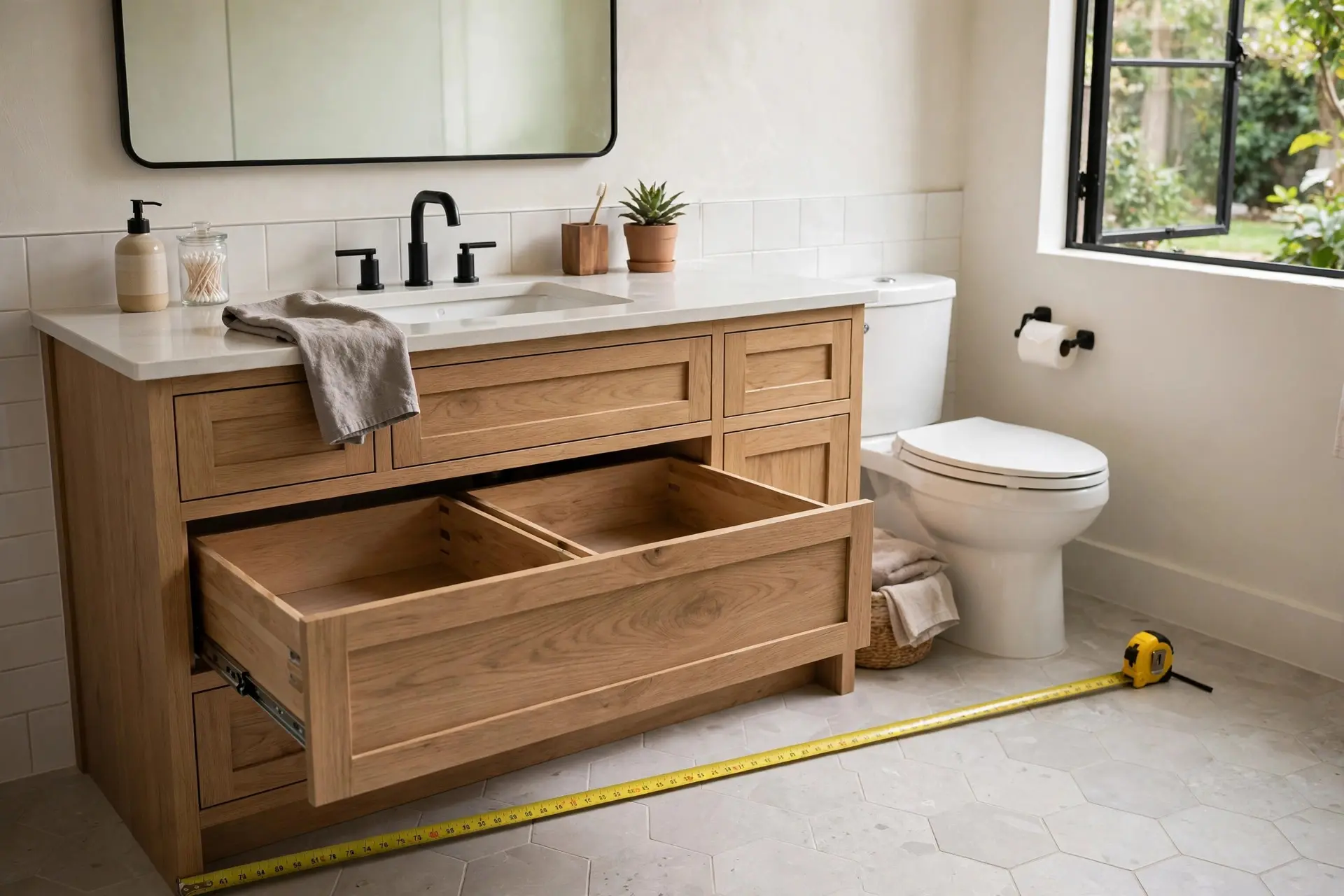 Bathroom Vanity Sizes: How to Pick One That Actually Fits 2 Tape measure across the open floor in front of a bathroom vanity sizes layout showing the clearance zone