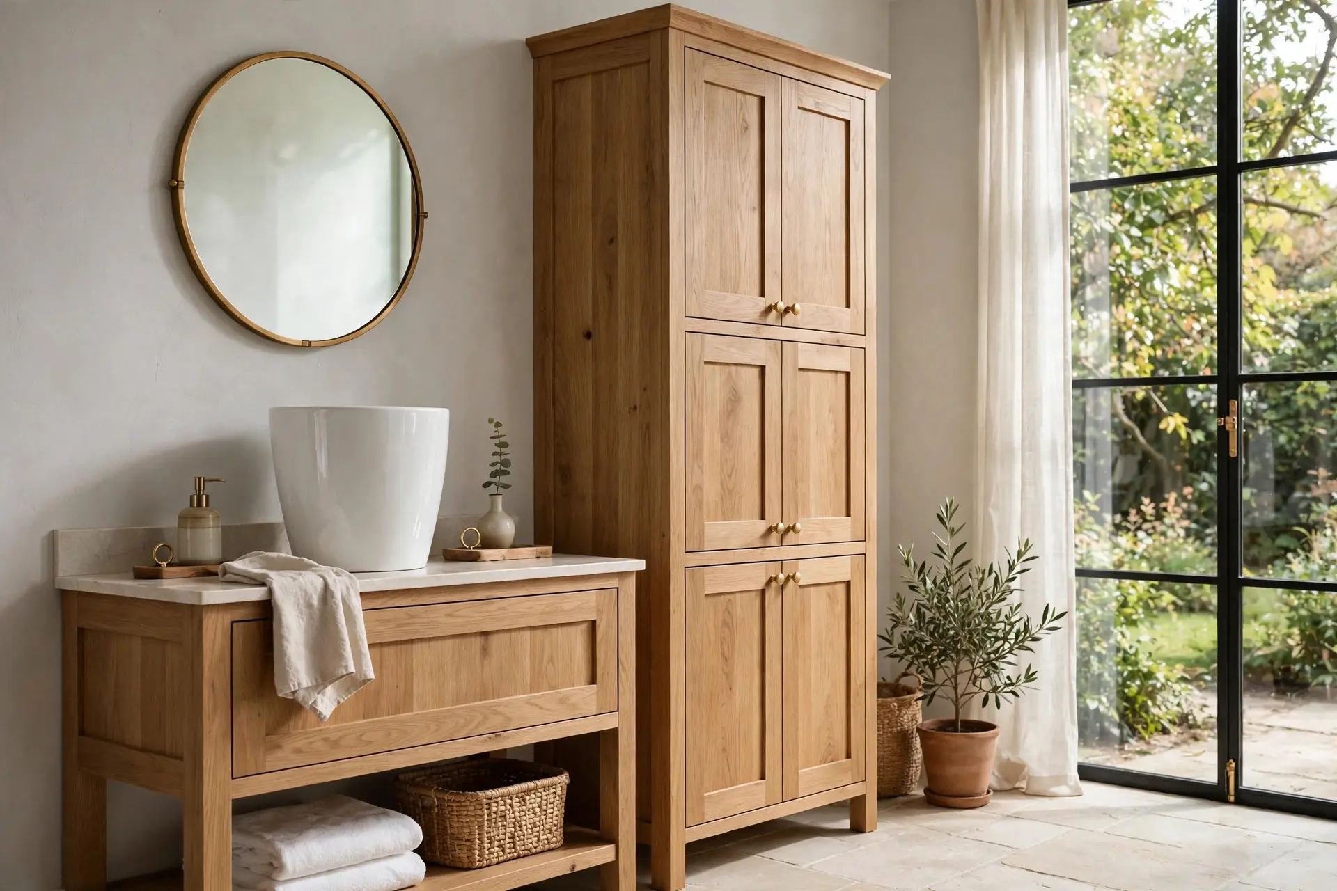 Bathroom Vanity Sizes: How to Pick One That Actually Fits 4 Comfort-height bathroom vanity size with a tall white vessel sink and round brass mirror