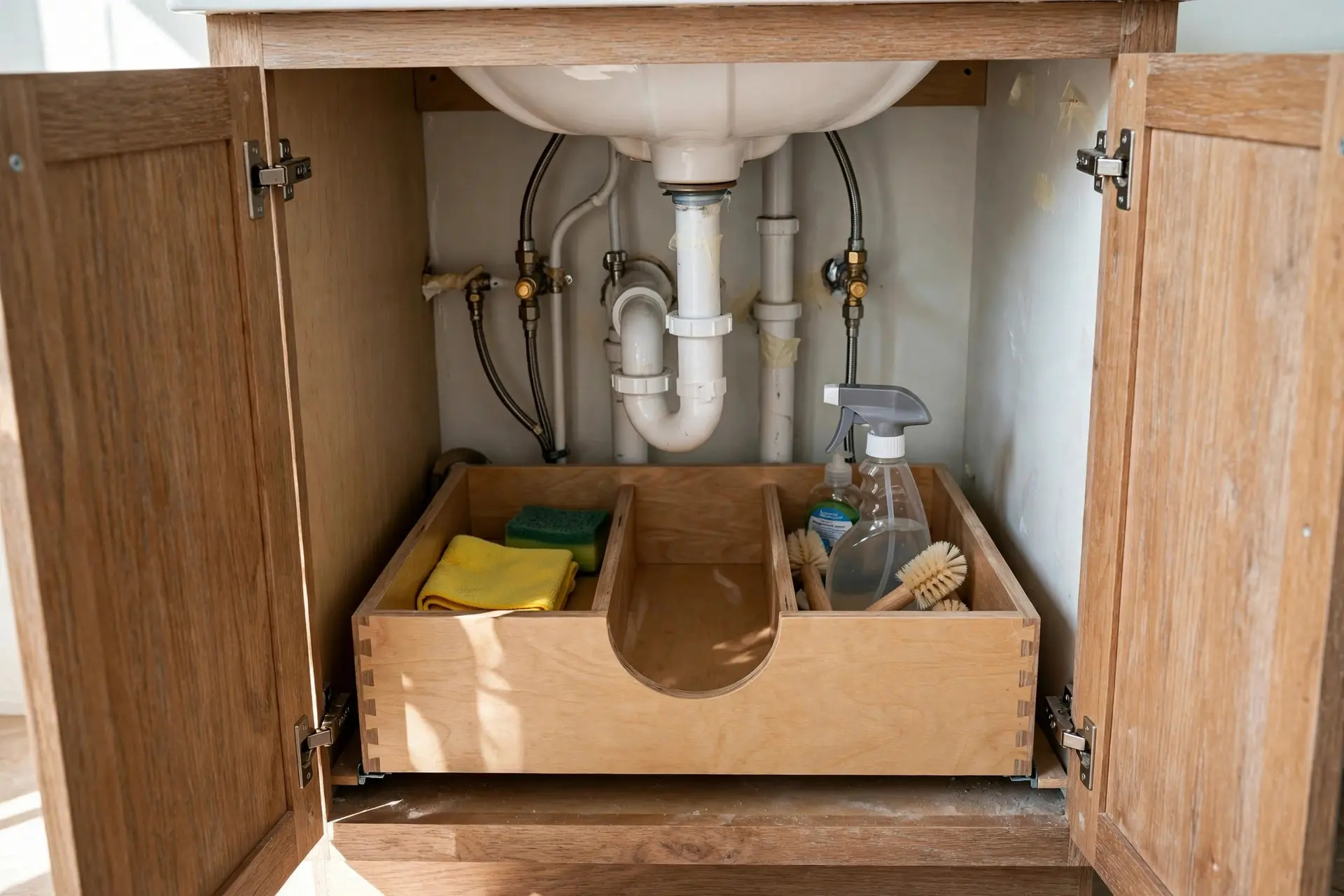 Bathroom Vanity Sizes: How to Pick One That Actually Fits 8 Inside an open bathroom vanity cabinet showing the drain trap and plumbing around the drawers