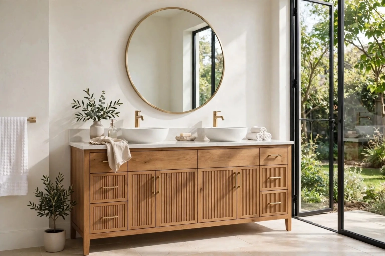 Bright modern bathroom with an elegant 48-inch wooden bathroom vanity and white vessel sinks