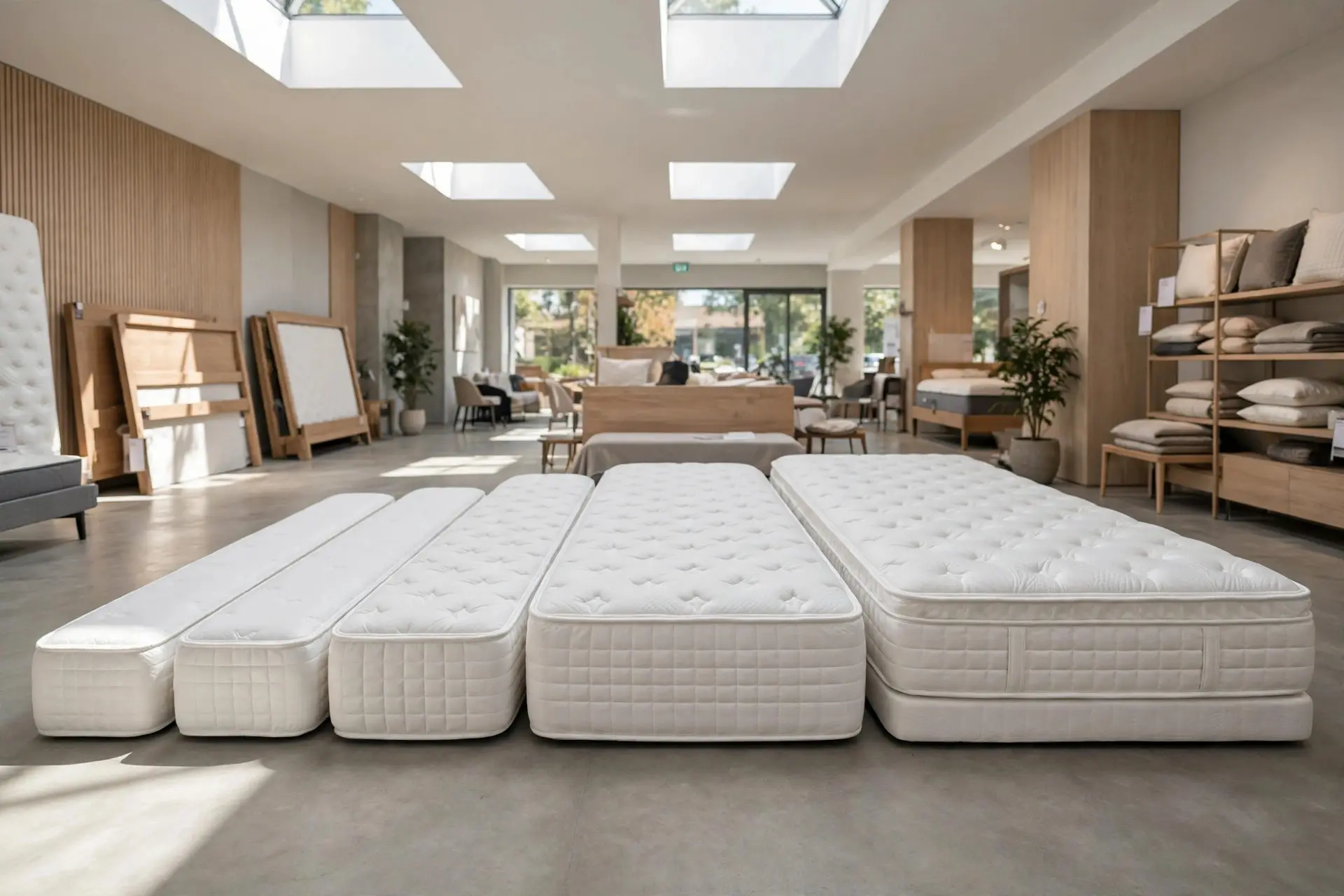 Bed Size Guide: Which Mattress Actually Fits Your Room 1 Mattresses in different sizes from twin to king lined up in a showroom, standard mattress dimensions in the bed size guide