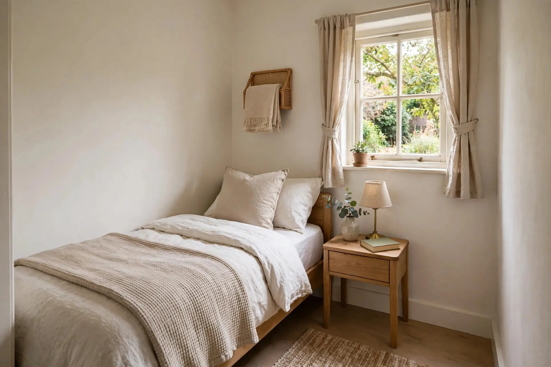 Bed Size Guide: Which Mattress Actually Fits Your Room 2 Small cozy bedroom with a twin bed fitting a compact layout, minimum room size for a bed