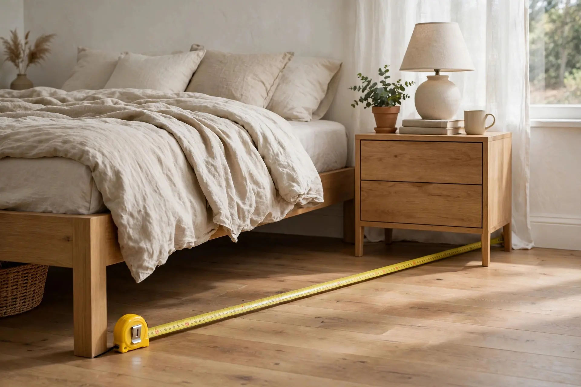 Bed Size Guide: Which Mattress Actually Fits Your Room 3 Measuring tape stretched on the floor beside a bed showing walking clearance, bed size clearance math