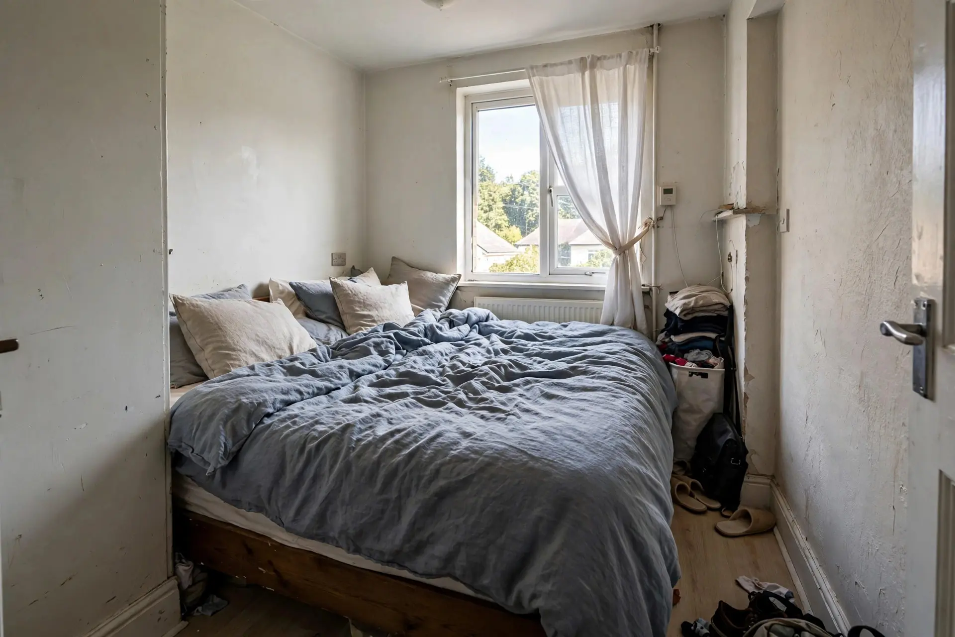 Bed Size Guide: Which Mattress Actually Fits Your Room 4 Cramped bedroom with an oversized bed squeezed against the walls, common bed size mistake