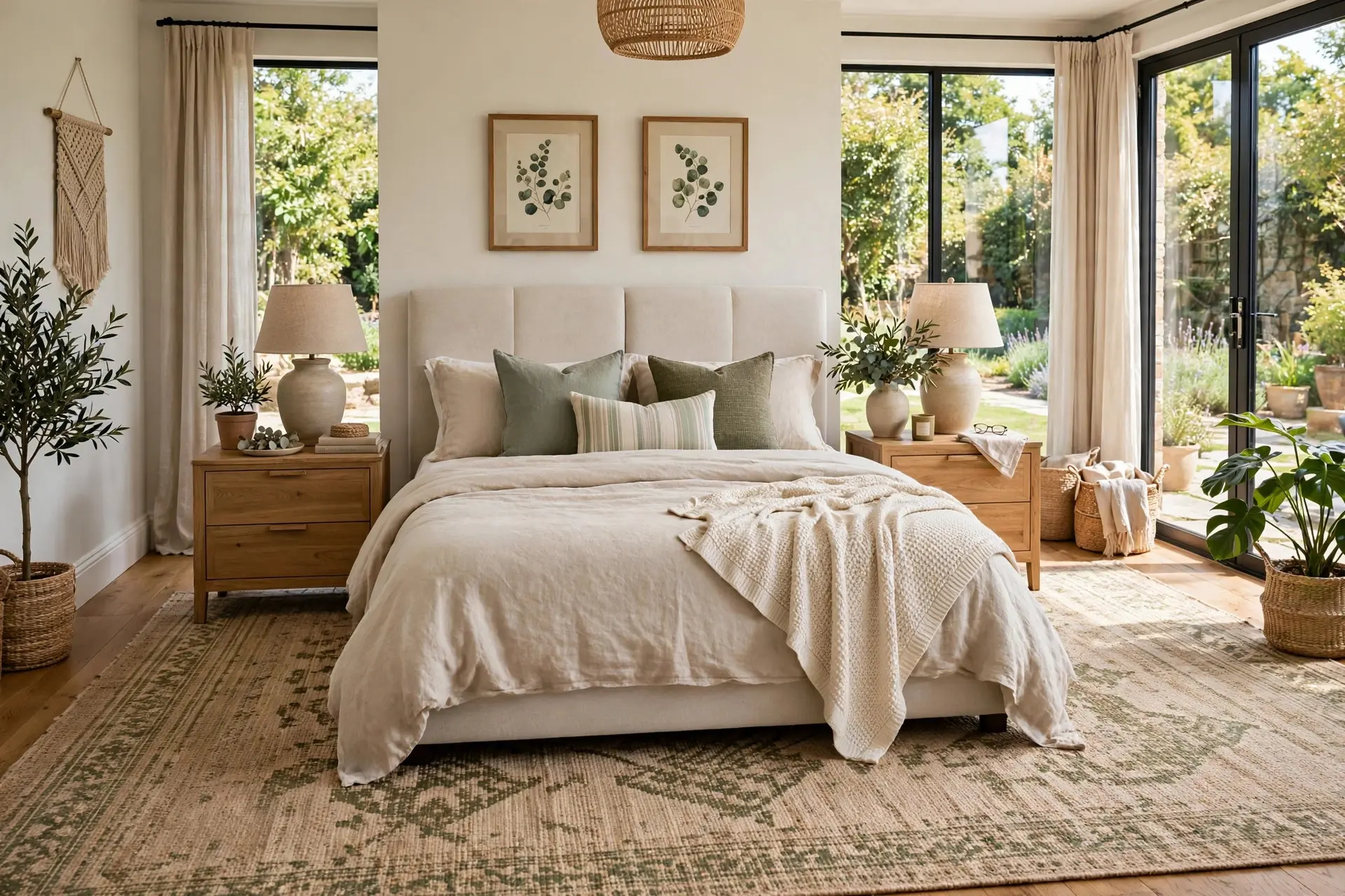 Bed Size Guide: Which Mattress Actually Fits Your Room 7 Finished bedroom with an area rug under the bed and matching nightstands, bed size settled