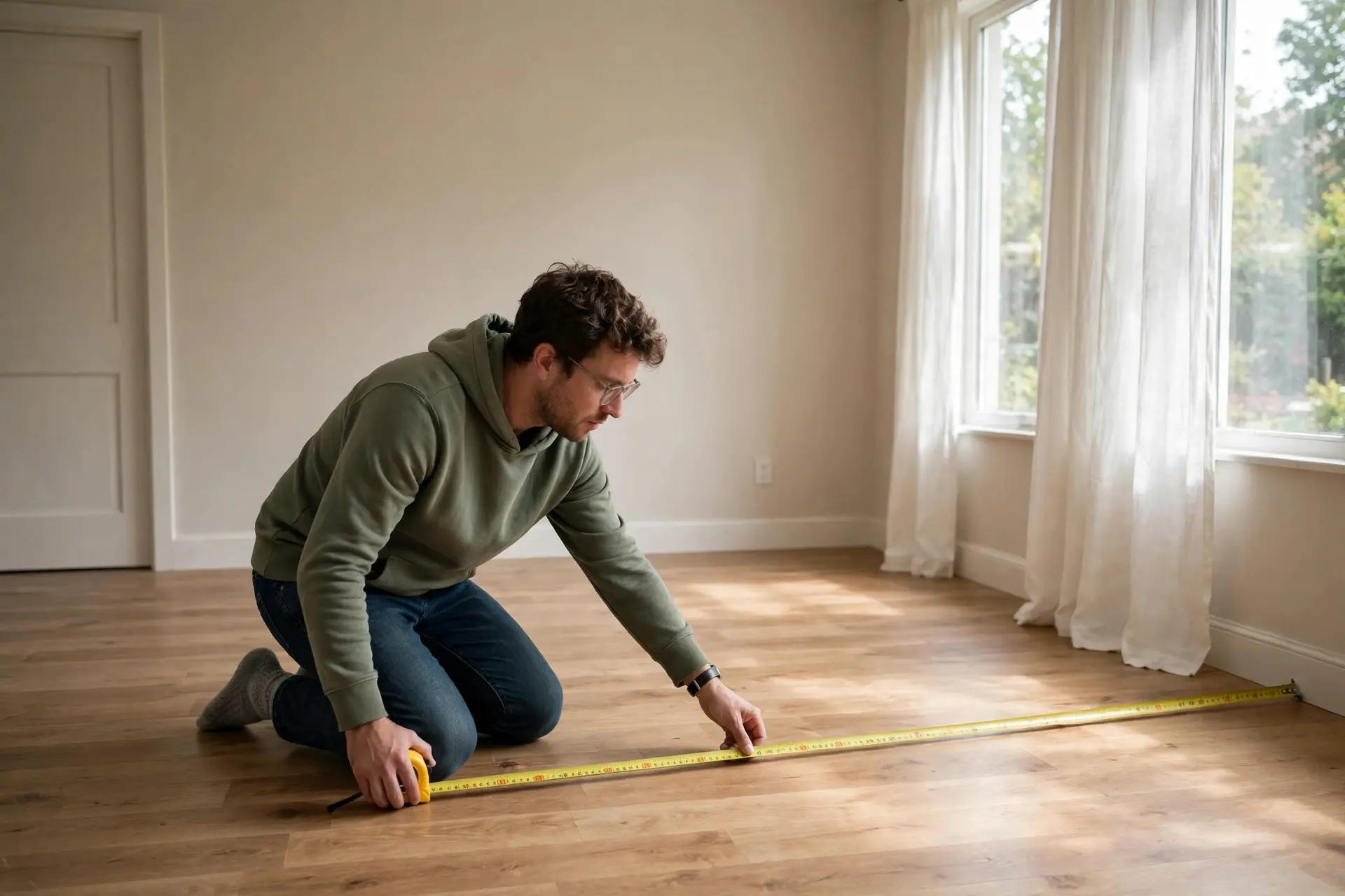 Bed Size Guide: Which Mattress Actually Fits Your Room 8 Person measuring a bedroom floor with a tape measure before buying a bed