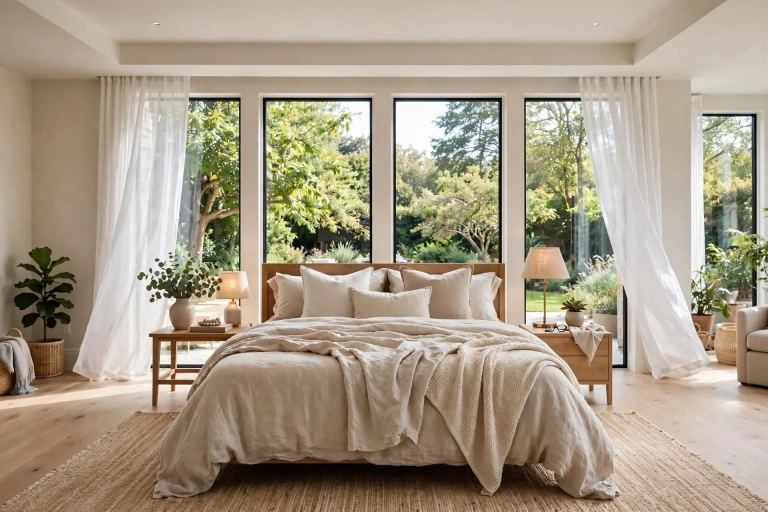 Spacious master bedroom with a king bed and generous walking space on both sides, bed size guide