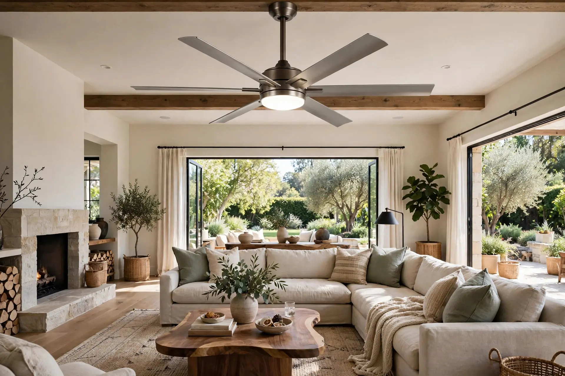 Ceiling Fan Size: How to Pick One That Actually Moves Air 1 Large living room with a wide 52 inch ceiling fan centered over the seating group, ceiling fan size by room square footage