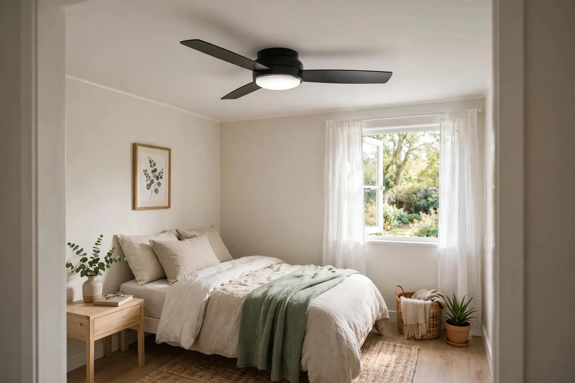 Ceiling Fan Size: How to Pick One That Actually Moves Air 3 Flush-mount hugger ceiling fan tight against a low 8 foot ceiling in a small bedroom, low ceiling fan
