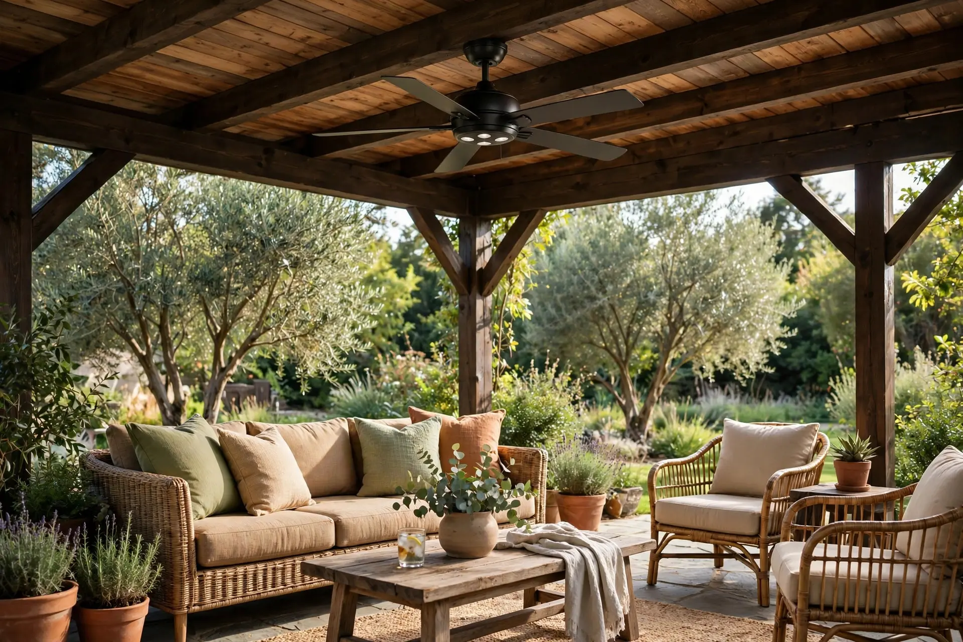 Ceiling Fan Size: How to Pick One That Actually Moves Air 9 Covered patio with a damp-rated outdoor ceiling fan above patio furniture, outdoor ceiling fan