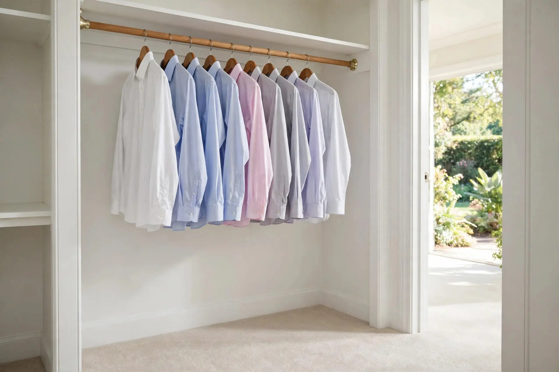 Closet Rod Height: The Measurements That Fit Real Clothes 2 Single high closet rod holding shirts with clear floor space showing proper closet rod height