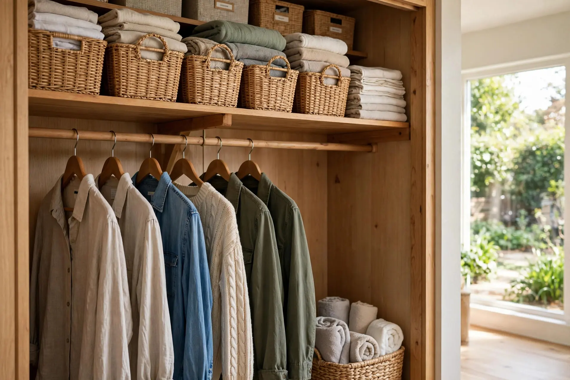 Closet Rod Height: The Measurements That Fit Real Clothes 6 Storage shelf with bins above a closet rod, showing shelf placement relative to closet rod height