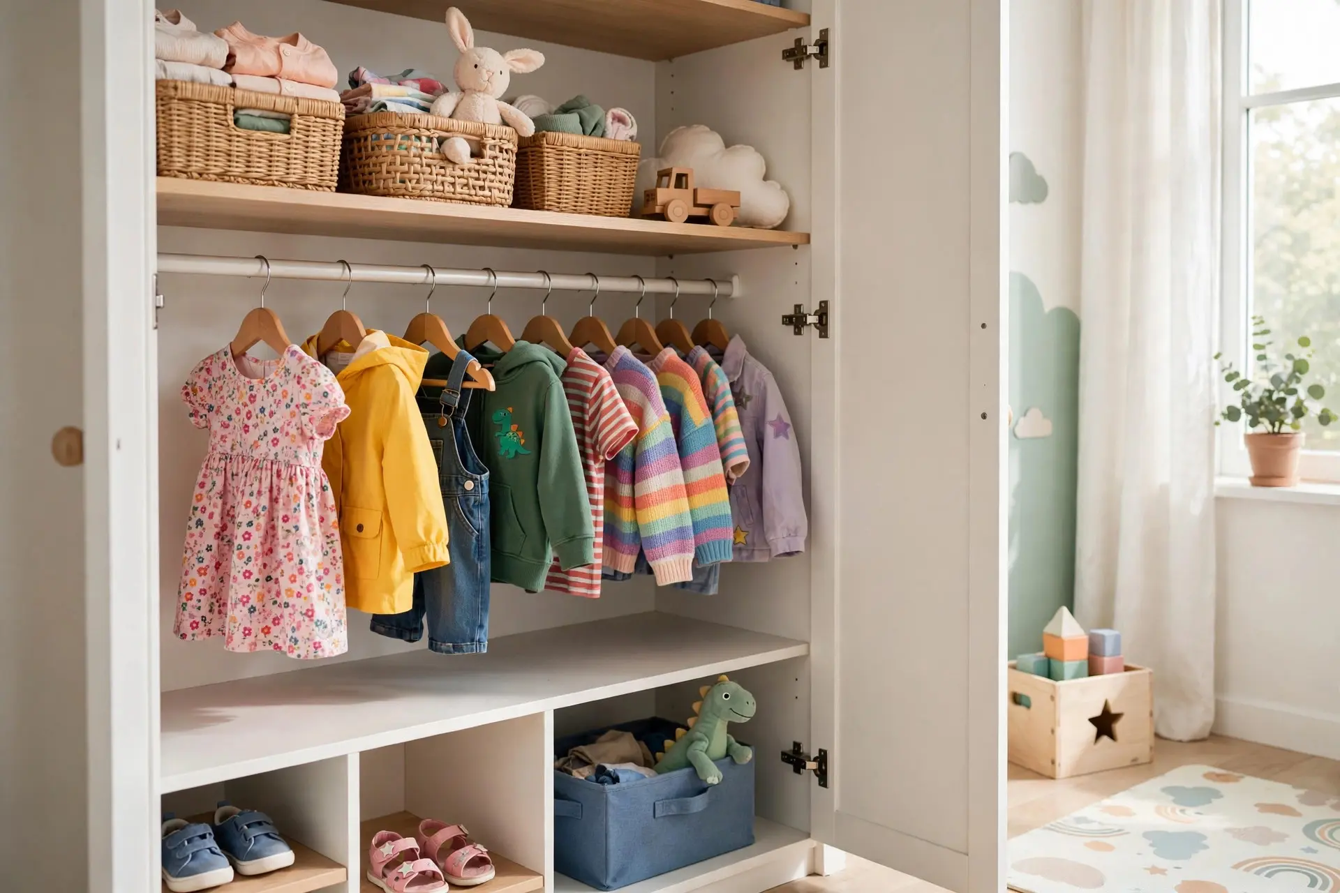 Closet Rod Height: The Measurements That Fit Real Clothes 7 Kids closet with a low rod of colorful clothes at child-friendly closet rod height