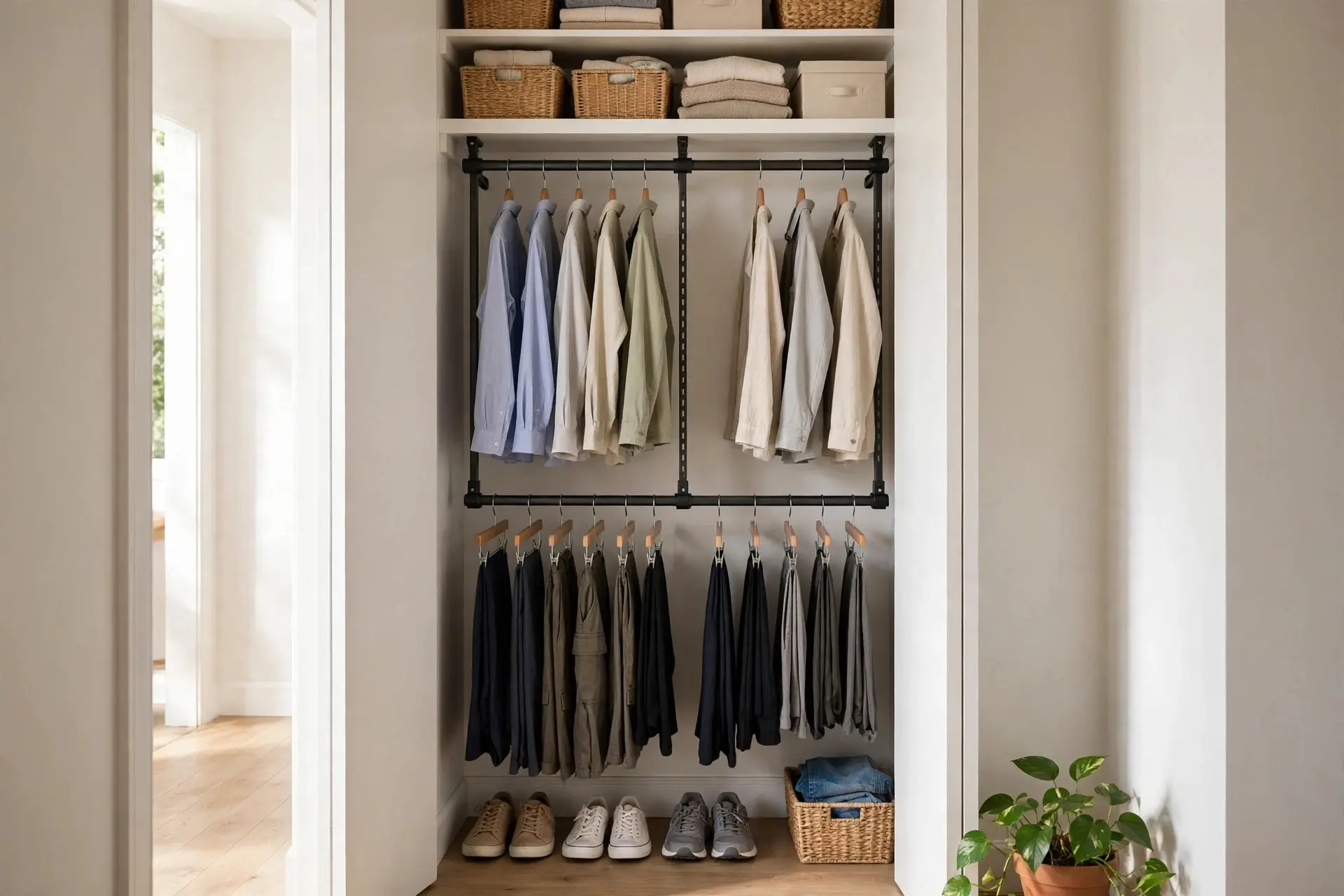 Closet Rod Height: The Measurements That Fit Real Clothes 9 Small closet maximized with double hanging rods and a shelf using proper closet rod height