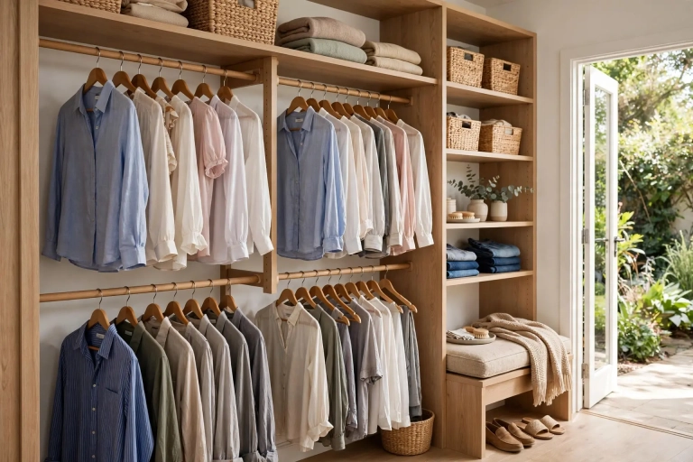 Walk-in closet with double rods at the correct closet rod height holding organized clothes