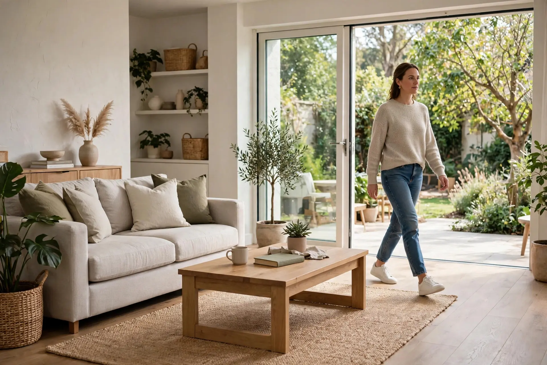 Person walking past a coffee table with a clear walkway, showing coffee table size planned around walking space