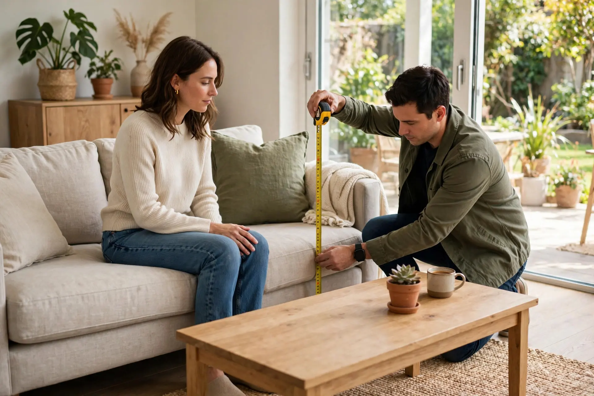 Measuring coffee table height against a seated cushion to get the coffee table size height right