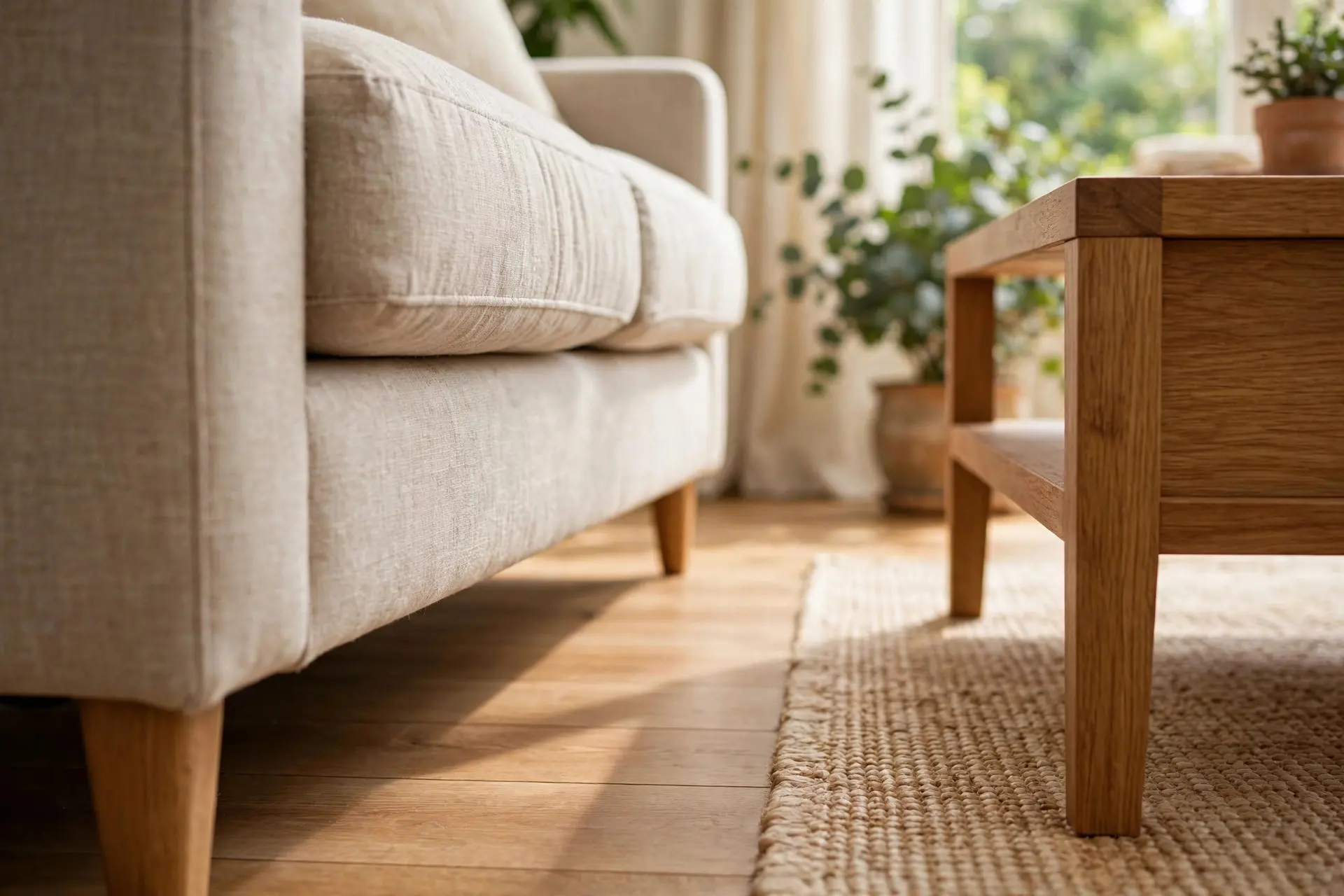 Side view of the gap between sofa and coffee table showing correct coffee table size spacing