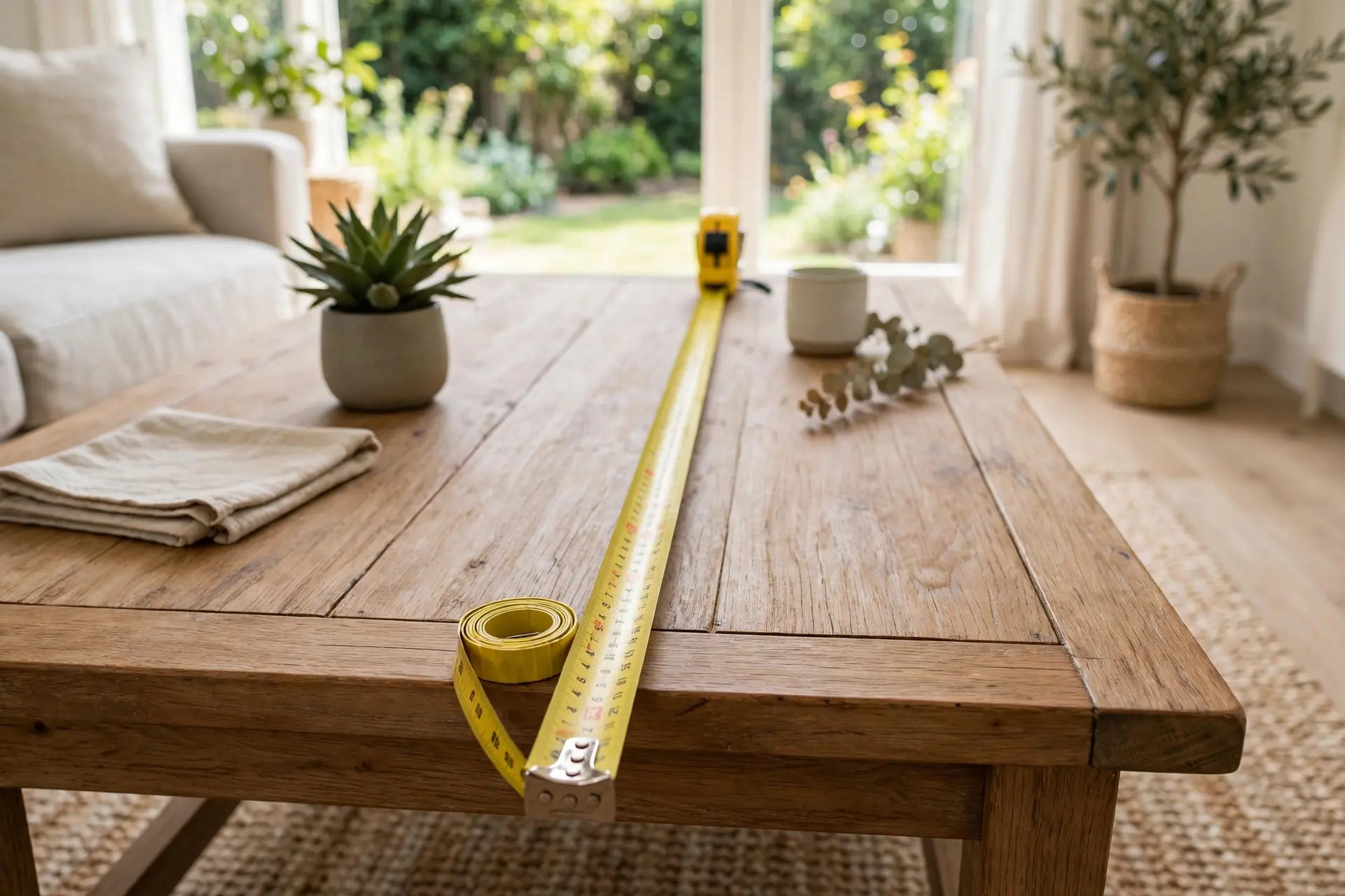 Tape measure across the depth of a coffee table checking coffee table size width and depth