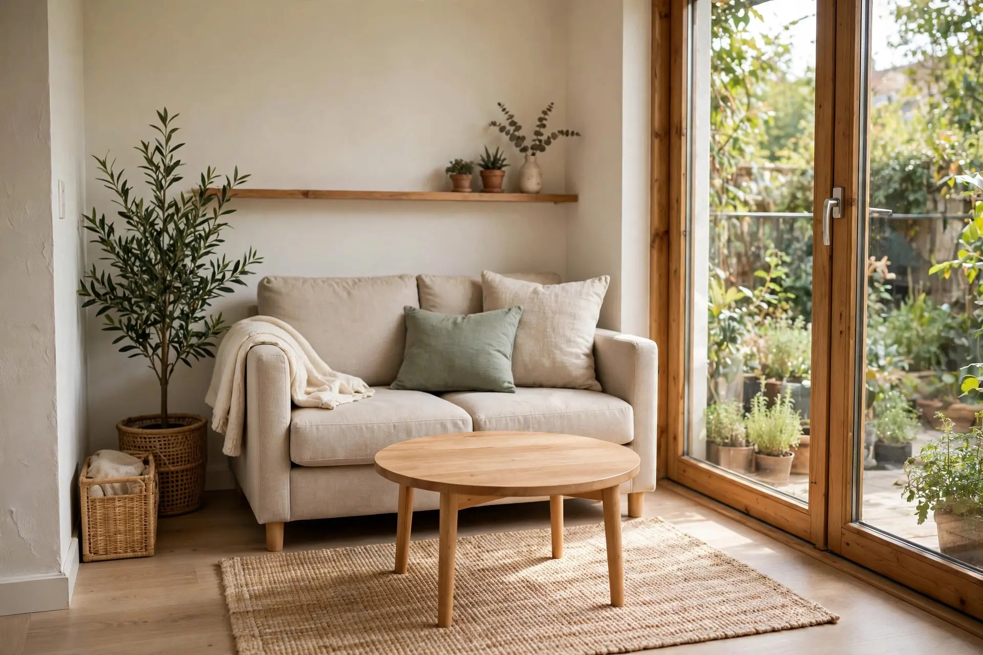 Round coffee table in a small living room showing a space-saving coffee table size shape choice