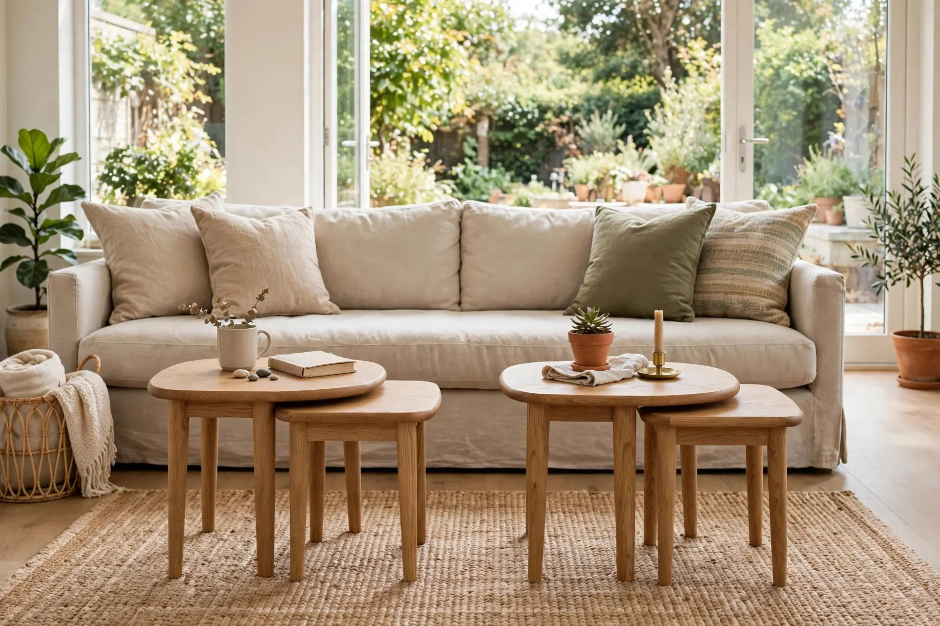 Two nesting coffee tables in front of a long sofa, an alternative coffee table size arrangement