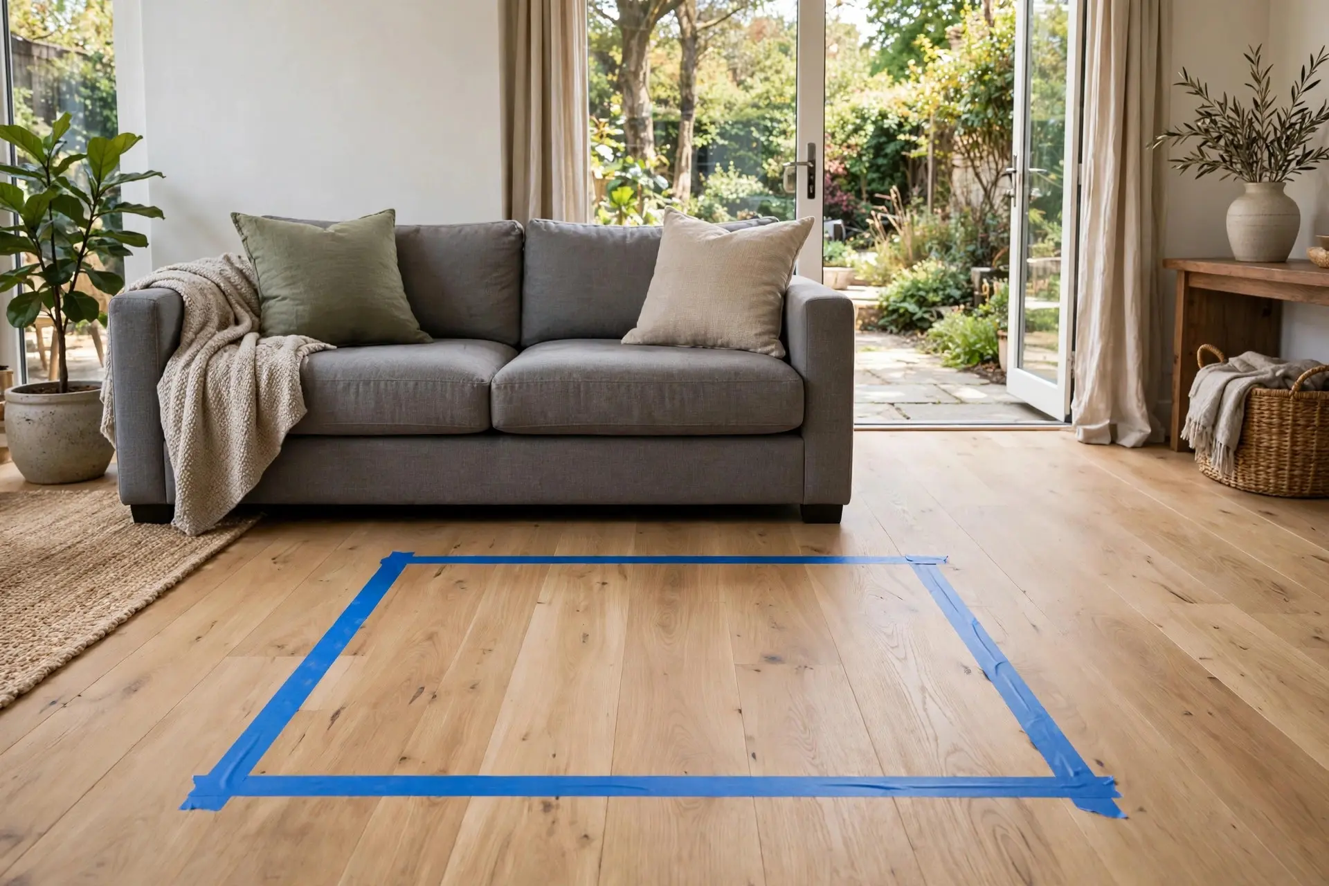 Painter tape outline on the floor marking the coffee table footprint to test coffee table size before buying