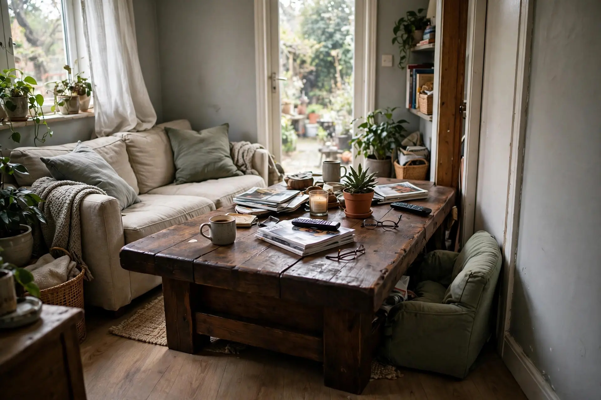 Oversized coffee table crowding a small living room showing a common coffee table size mistake
