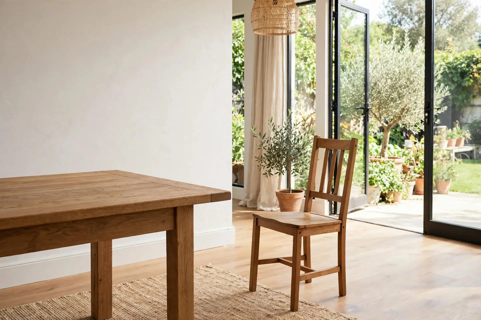 Dining Table Size: How to Fit One Without Crowding the Room 1 Dining chair pulled back from a dining table showing the clearance gap between table edge and wall for dining table size planning