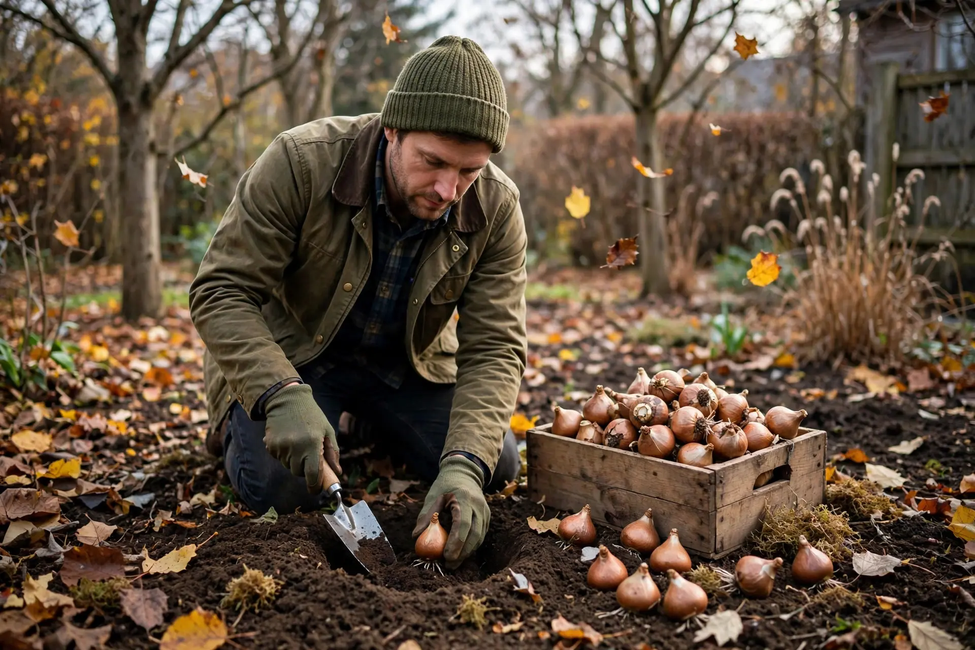 Fall Bulb Planting: Depths, Spacing and Timing for a Spring Garden That Blooms 1 Gardener kneeling in soil planting tulip bulbs on a cool autumn afternoon during fall bulb planting season