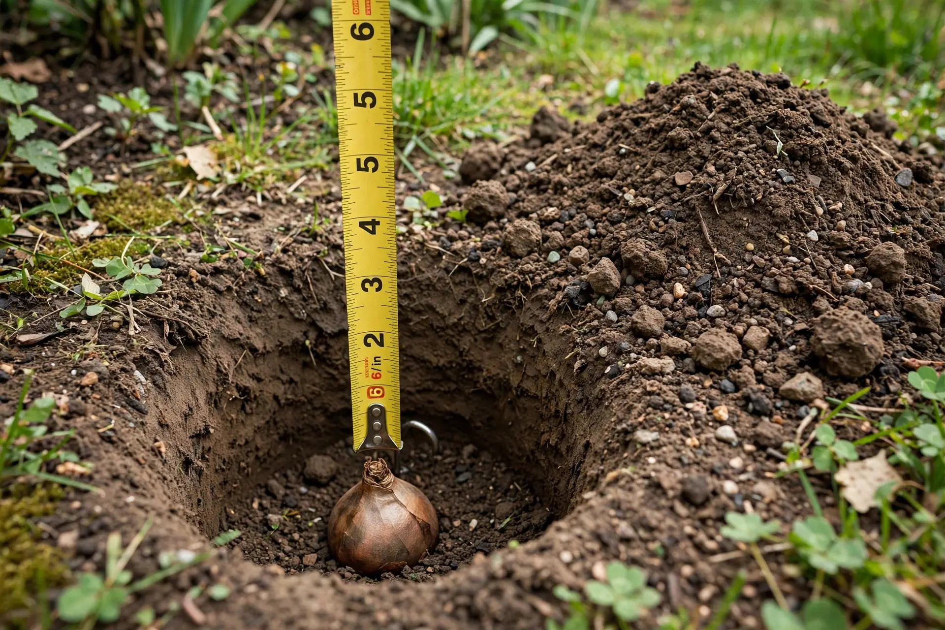 Fall Bulb Planting: Depths, Spacing and Timing for a Spring Garden That Blooms 3 Planting hole with a tulip bulb at the bottom and a measuring tape showing six-inch depth for fall bulb planting