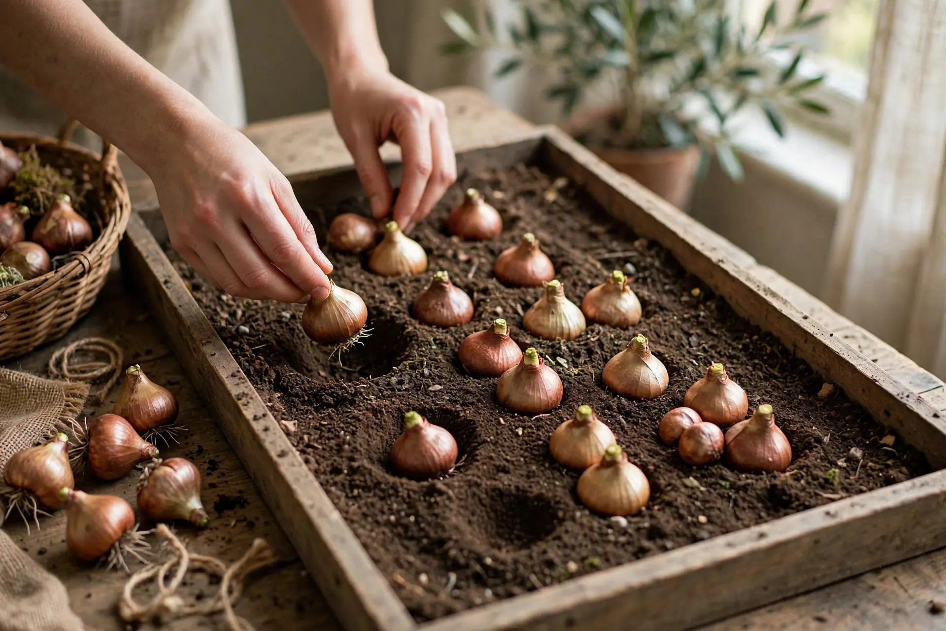 Fall Bulb Planting: Depths, Spacing and Timing for a Spring Garden That Blooms 5 Hands placing daffodil bulbs in loose natural drifts across a wide dug bed when fall bulb planting