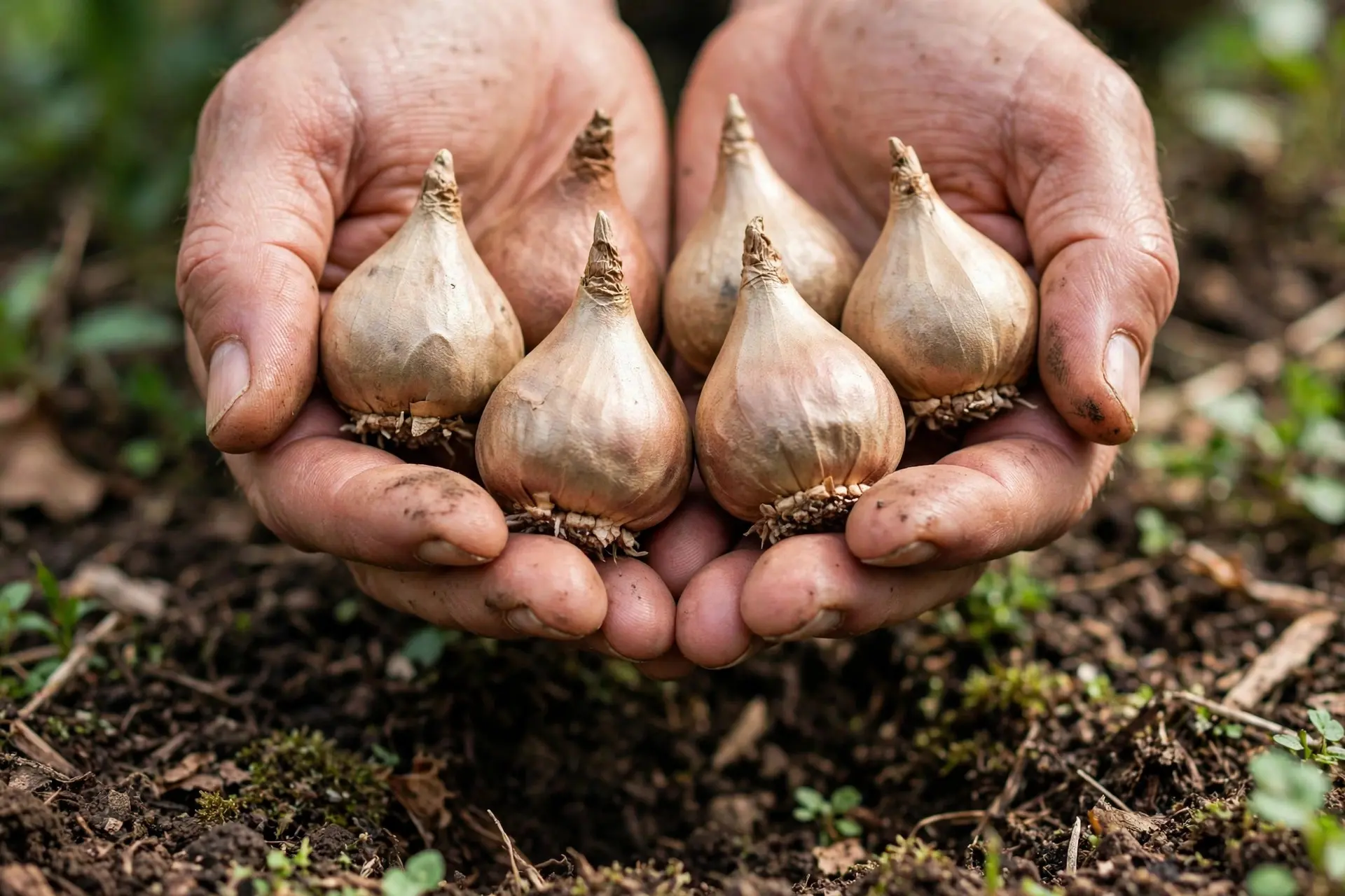 Fall Bulb Planting: Depths, Spacing and Timing for a Spring Garden That Blooms 6 Gardener holding tulip bulbs pointed end up, the correct orientation before fall bulb planting